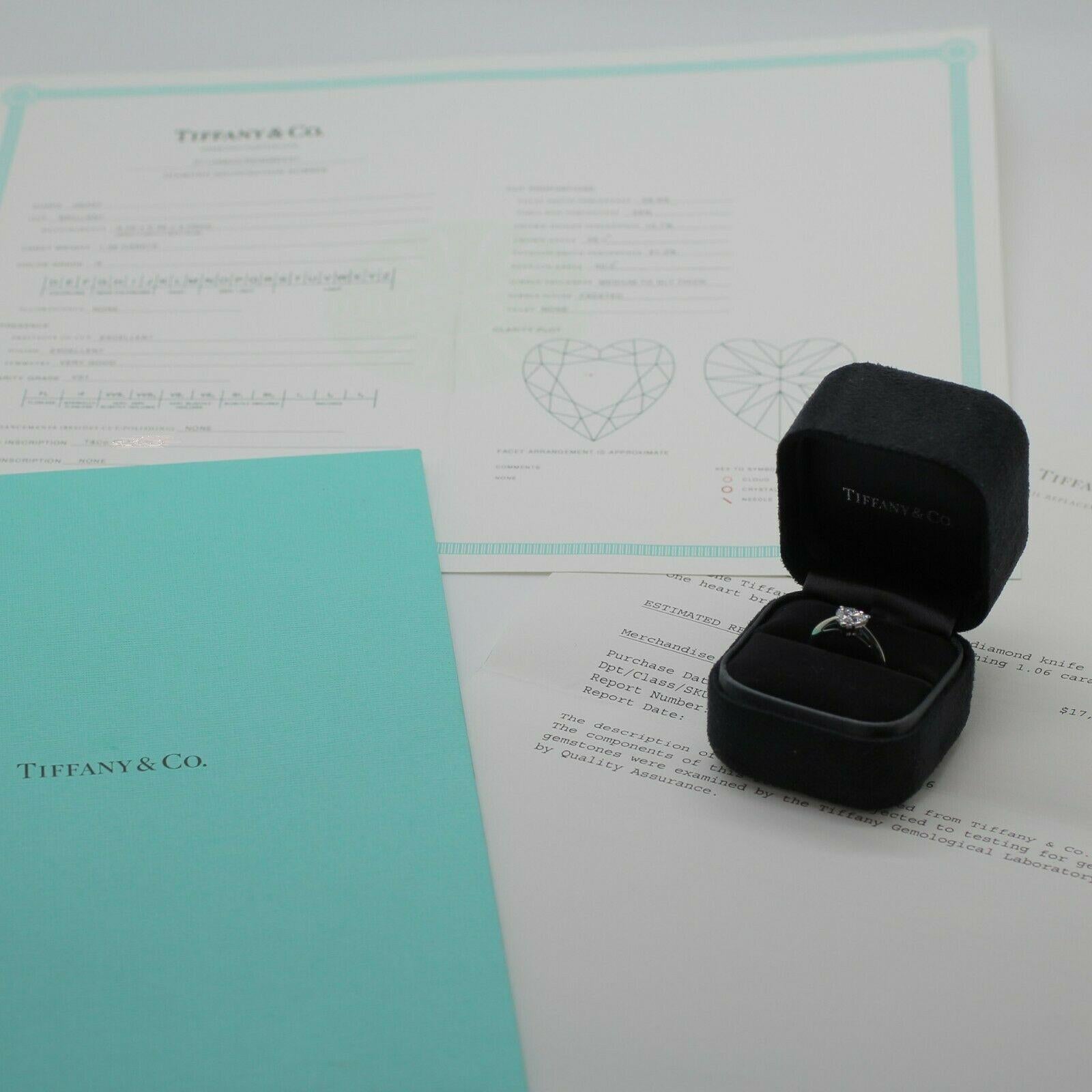 Contemporary Tiffany 1.06cts. Heart Shape Diamond Platinum Solitaire with All Papers