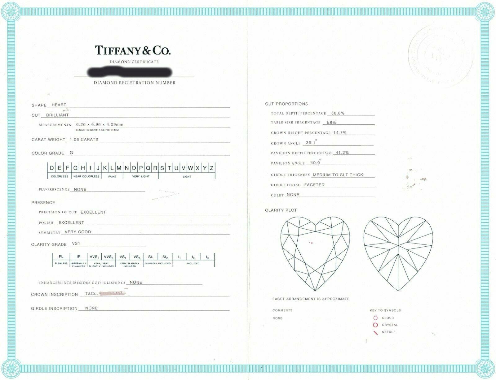 Tiffany 1.06cts. Heart Shape Diamond Platinum Solitaire with All Papers 1