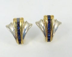 Tiffany 14 K Gold & Sterling Silver 18 Genuine Sapphire Earrings-Art Deco Style