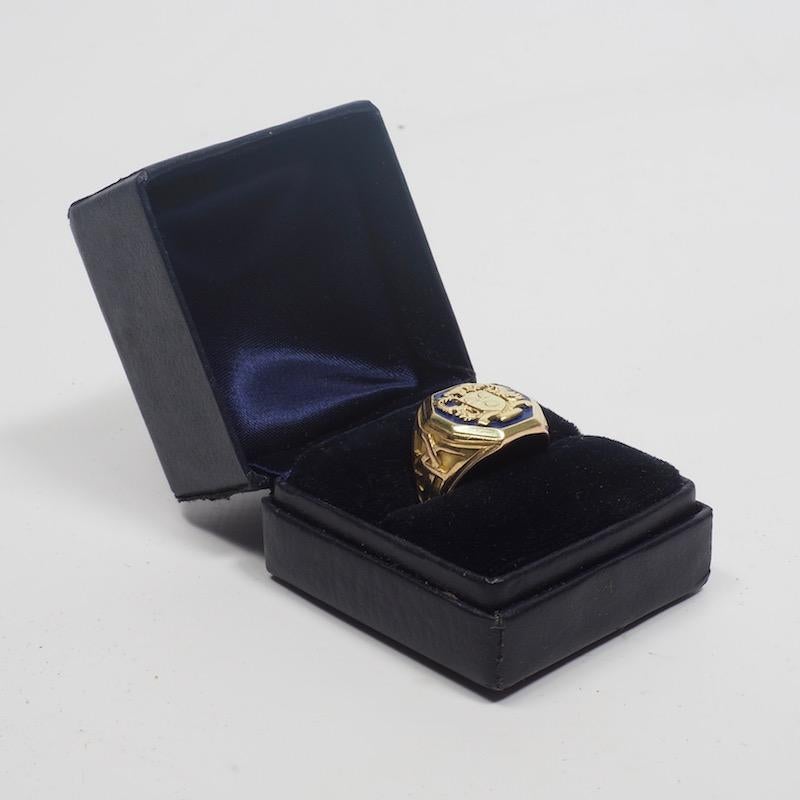 Tiffany 14 karat gold and enamel ring with shield and crest of Westover Girls' School Connecticut. Size 5. Signed Tiffany. in original Tiffany box. 7.1 dwt.