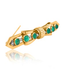 Tiffany 14 Karat Gold, Cabochon Emerald and Diamond Bar Brooch
