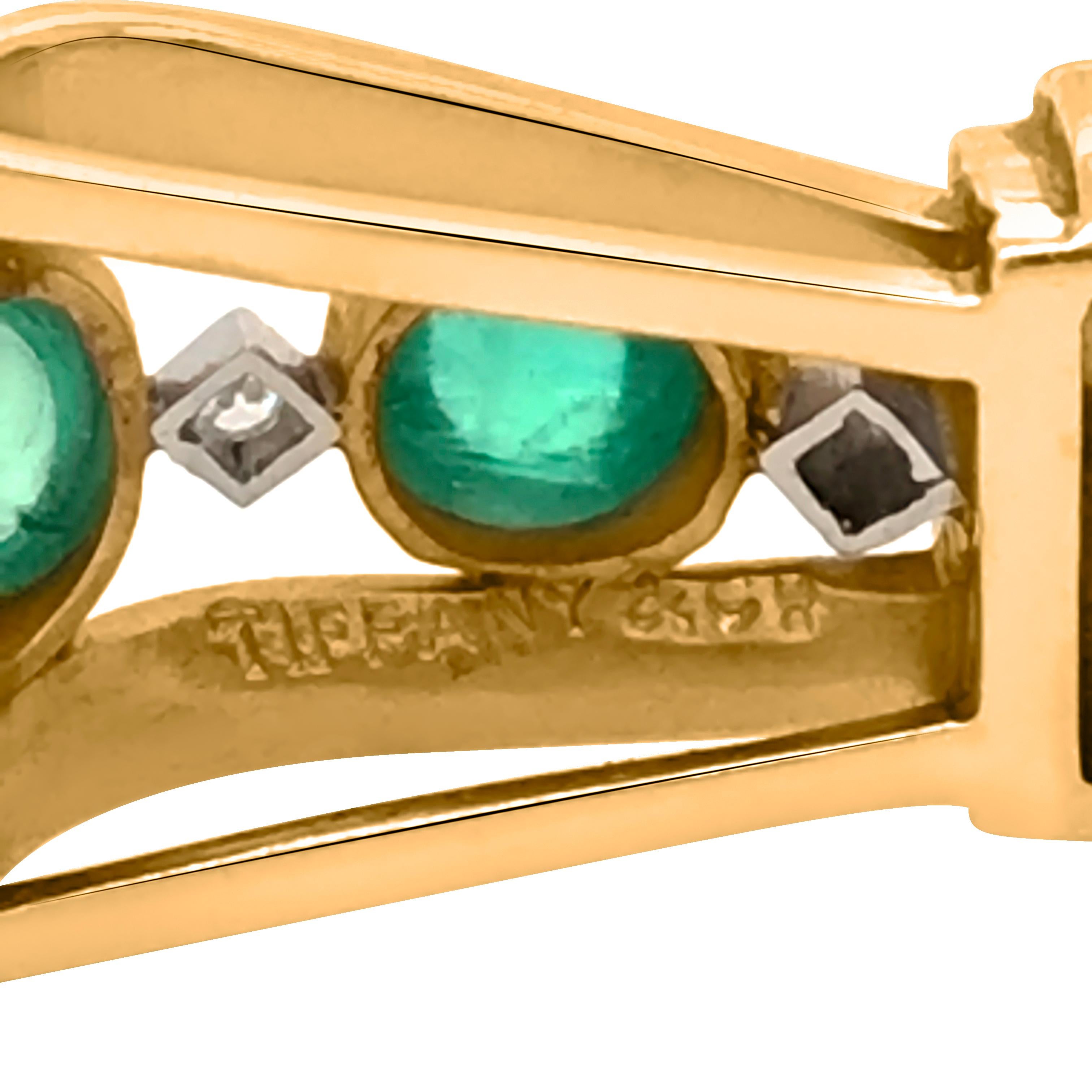 Tiffany 14 Karat Gold, Cabochon Emerald and Diamond Bar Brooch In Good Condition In New York, NY