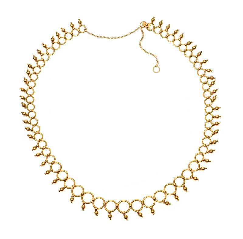 Necklace length: 40cm
Weight: 50.24g

Bracelet length: 18cm
Weight: 46.3g

Tiffany & Co. 18-carat gold necklace and bracelet open-work jewelry suite; featuring a Tiffany & Co. 18-carat gold bracelet, with three rows of beaded circles, lacy
