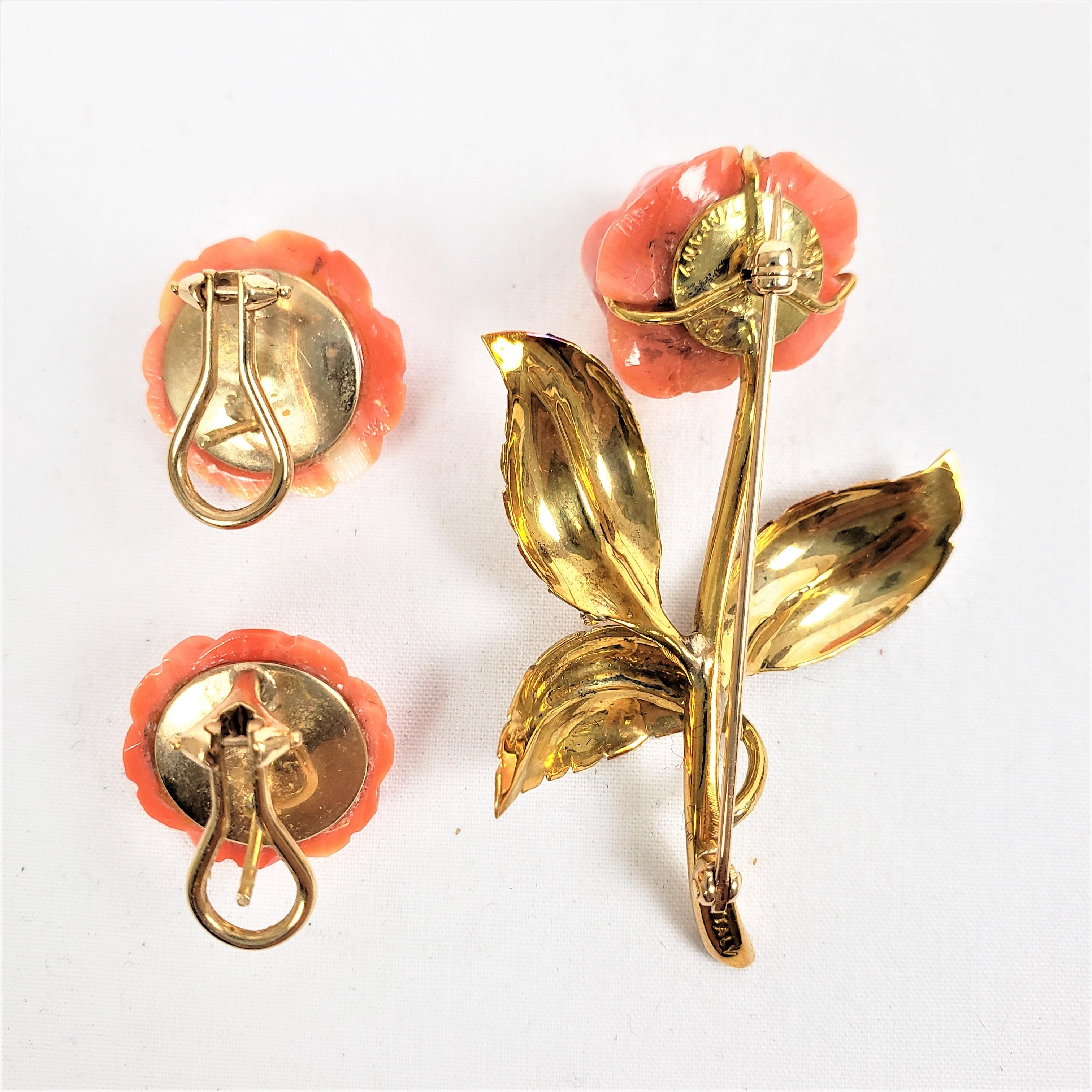 Tiffany 18 Karat Gold & Carved Coral Brooch with Matching 14 Karat Earrings Set For Sale 3