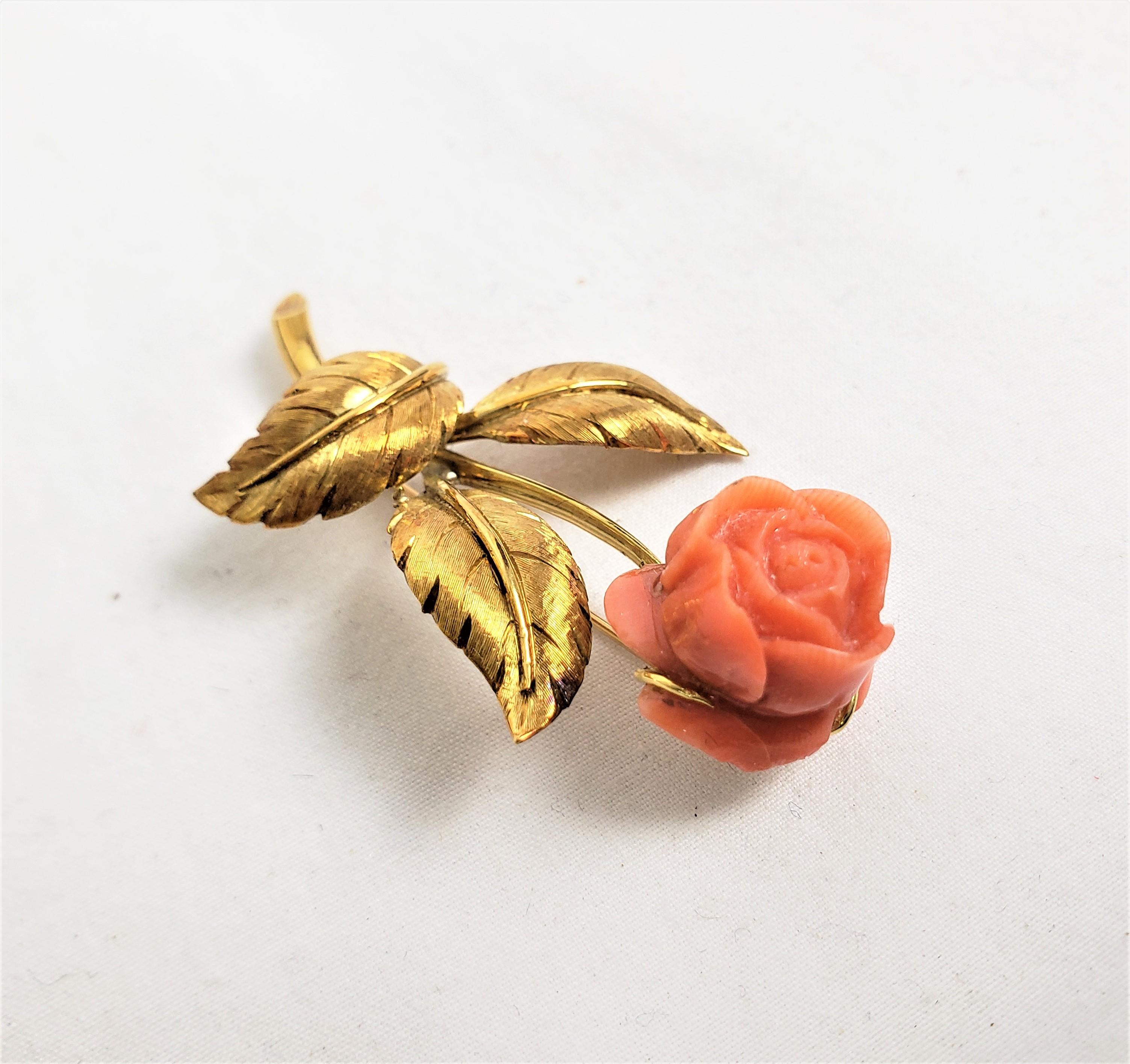 Tiffany 18 Karat Gold & Carved Coral Brooch with Matching 14 Karat Earrings Set In Good Condition For Sale In Hamilton, Ontario