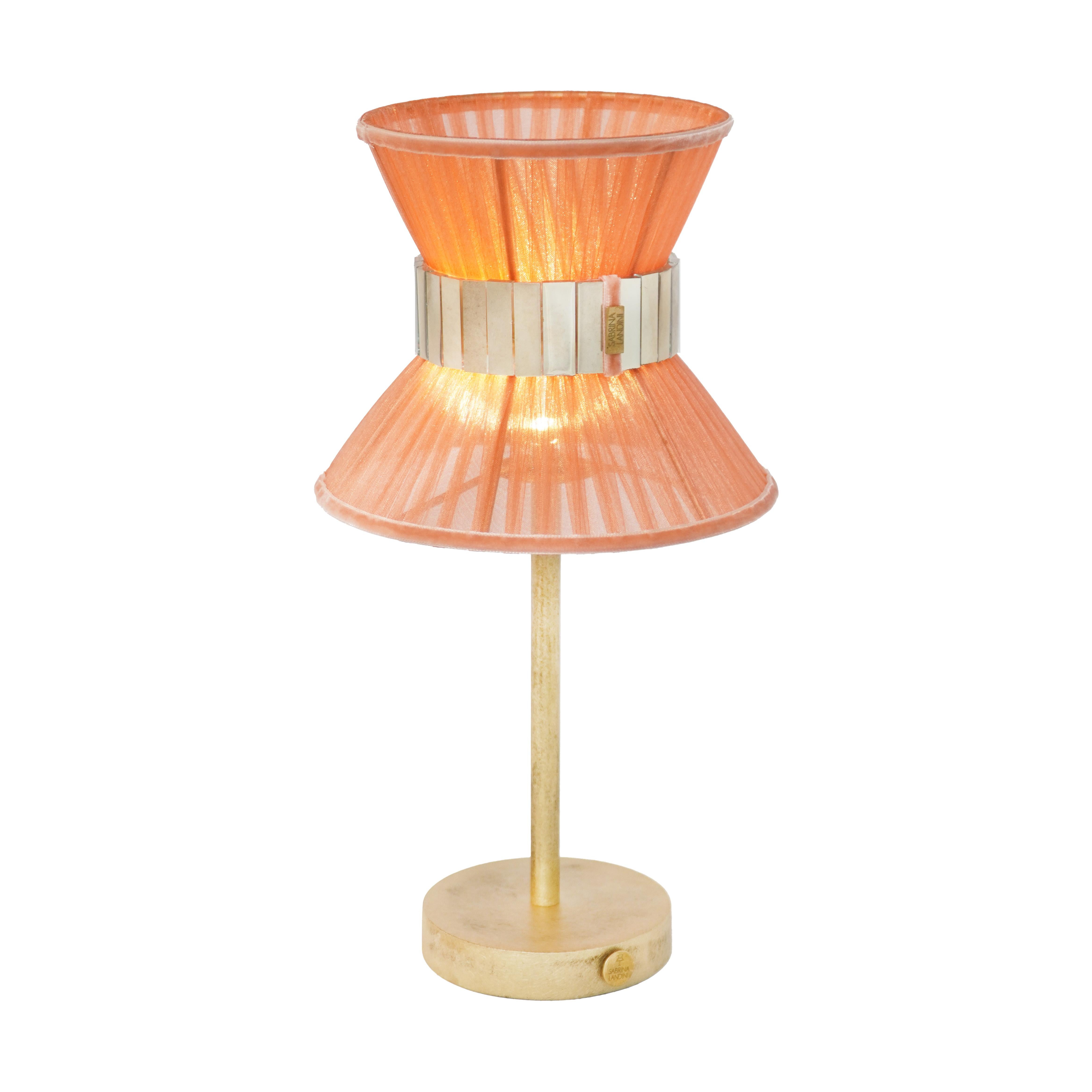 Modern “Tiffany” 18 Wireless Contemporary Table Lamp Koral Silk, Brass, Silvered Glass For Sale