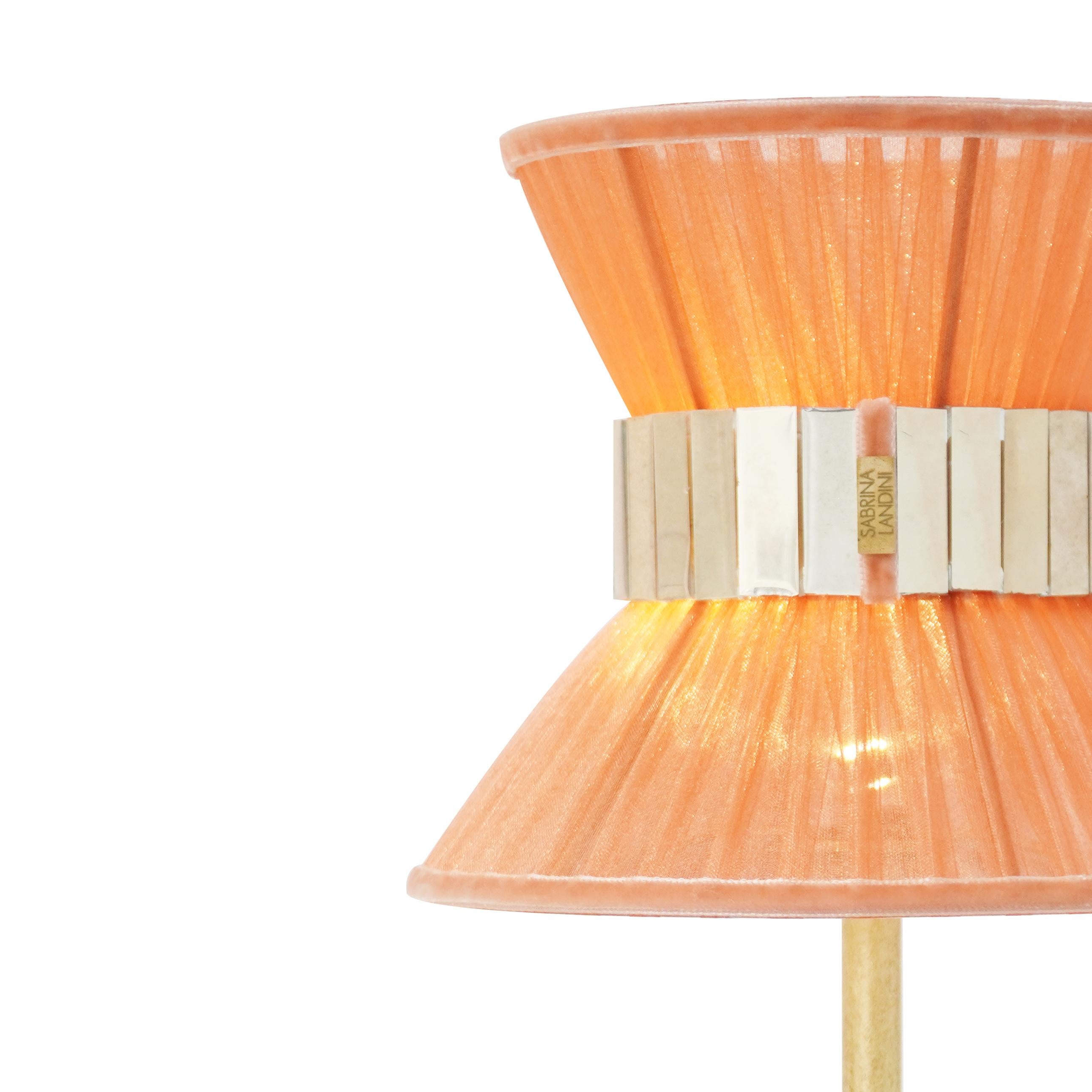 Italian “Tiffany” 18 Wireless Contemporary Table Lamp Koral Silk, Brass, Silvered Glass For Sale
