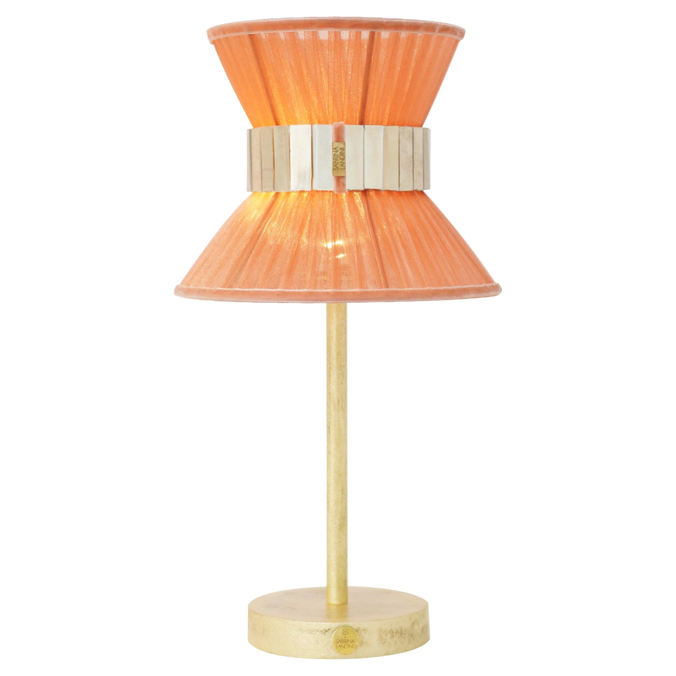 “Tiffany” 18 Wireless Contemporary Table Lamp Koral Silk, Brass, Silvered Glass