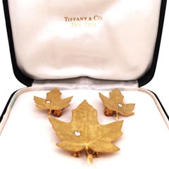 Tiffany, 18K Gold Diamond Maple Leaf Brooch and Earrings