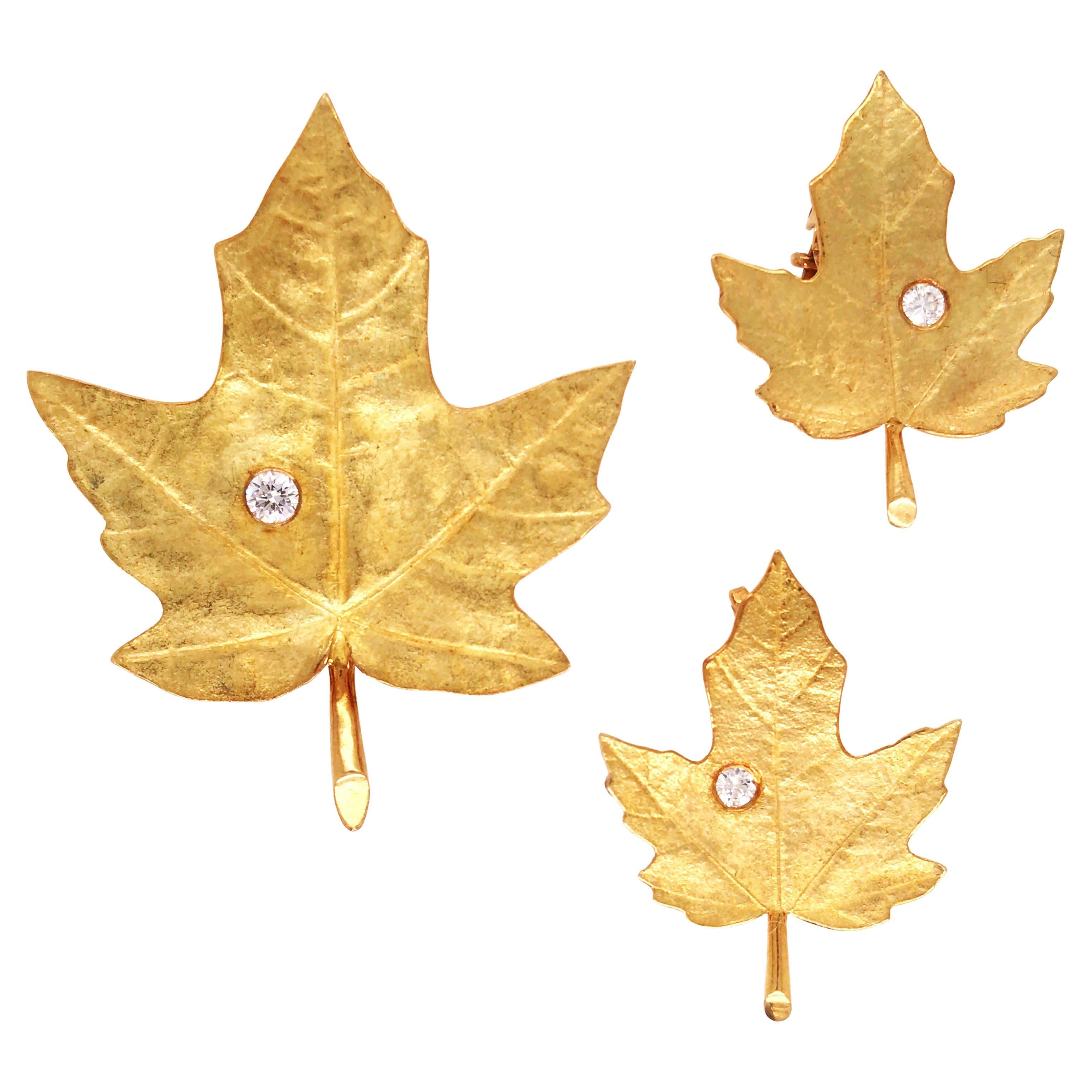 Tiffany, 18K Gold Diamond Maple Leaf Brooch and Earrings