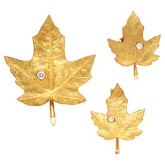 Tiffany, 18K Gold Diamond Maple Leaf Brooch and Earrings