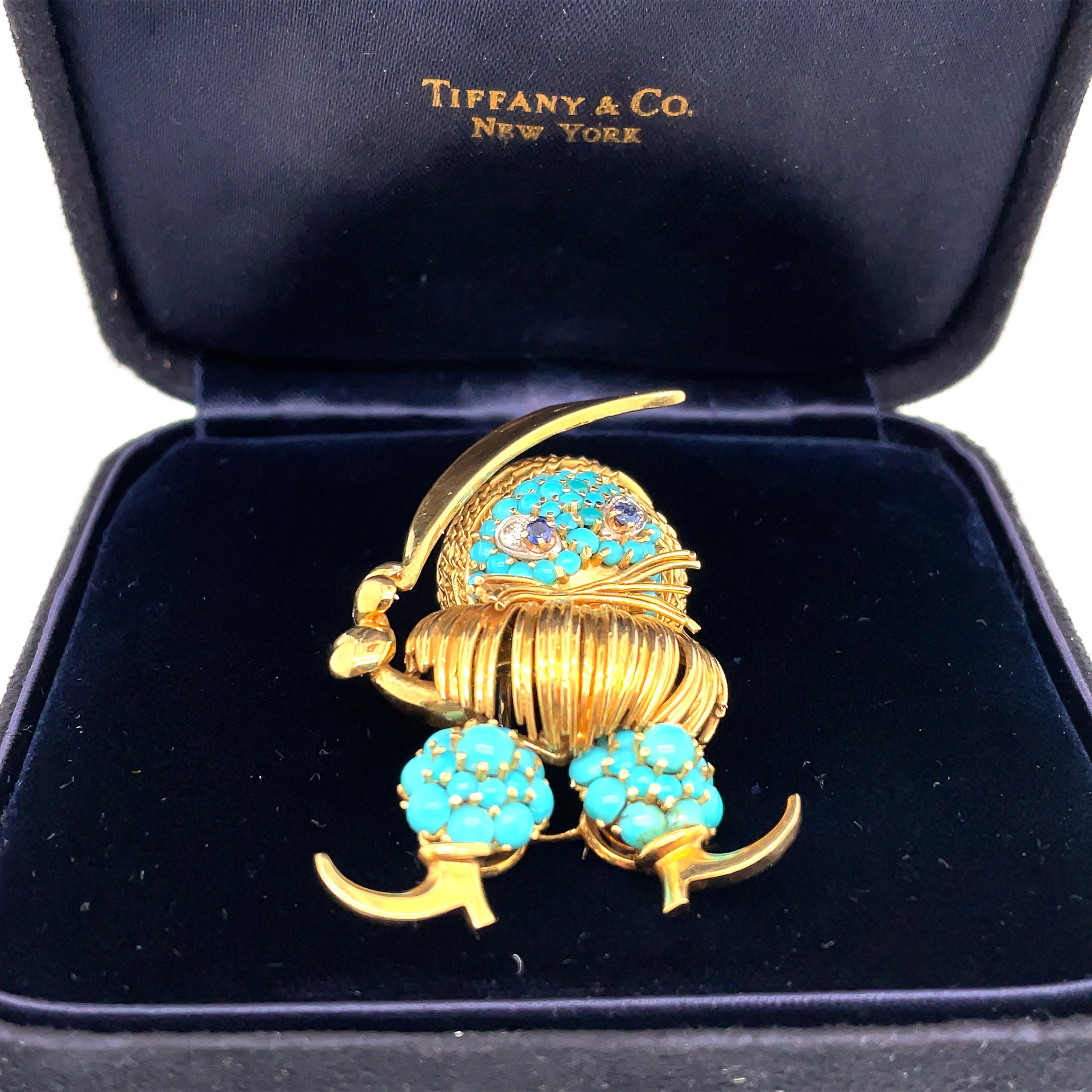 Round Cut Tiffany, 18K Gold Turquoise Sapphire Diamond Brooch For Sale