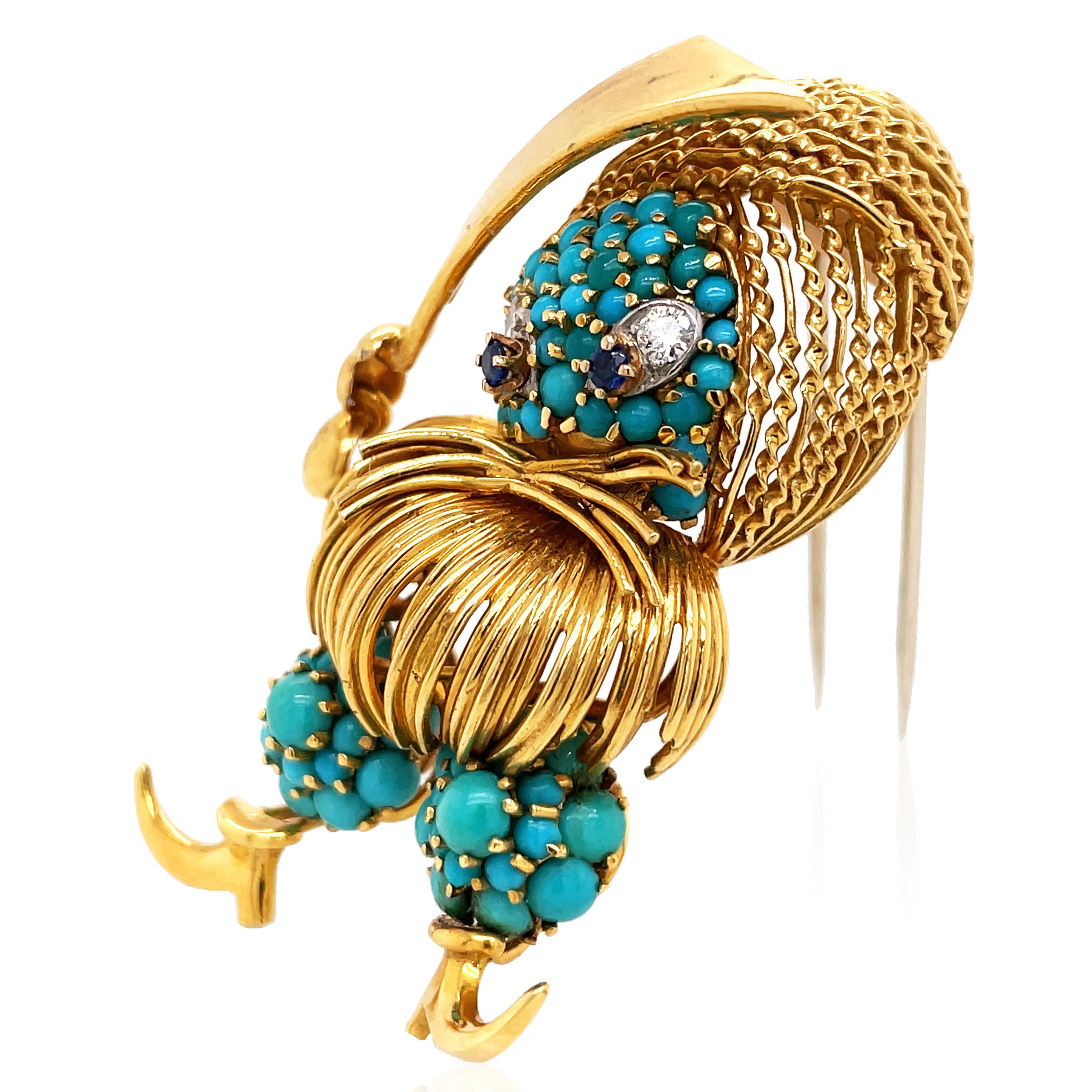 Tiffany, 18K Gold Turquoise Sapphire Diamond Brooch In Good Condition For Sale In New York, NY