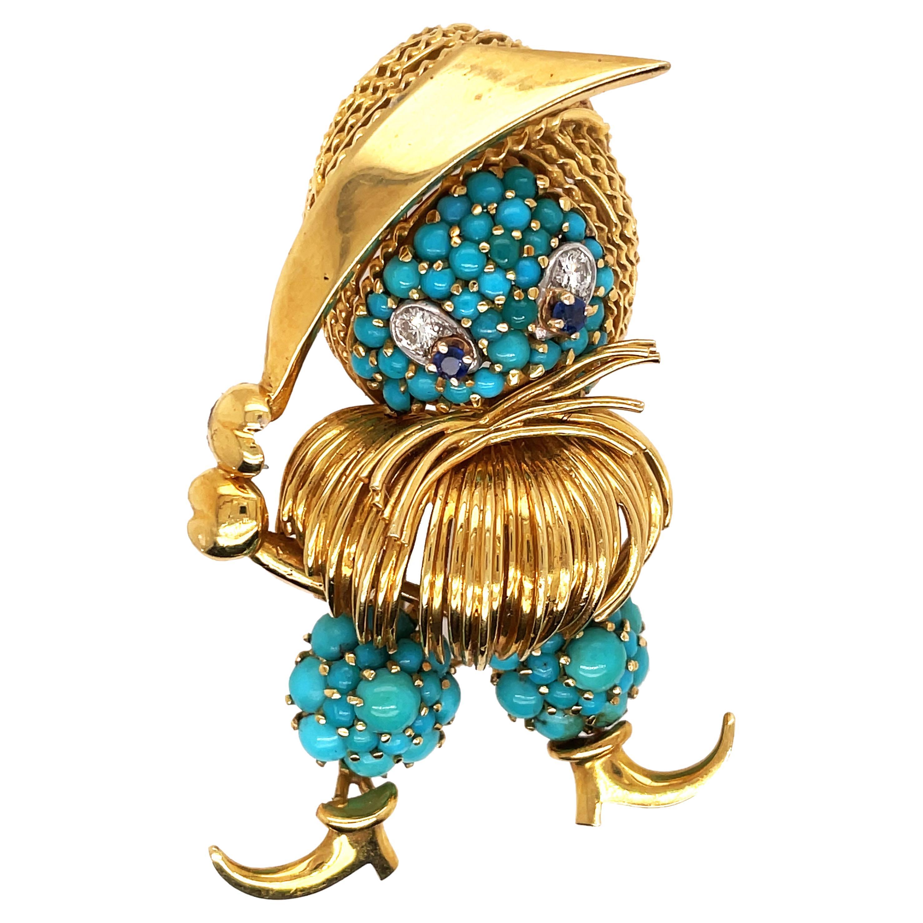 Tiffany, 18K Gold Turquoise Sapphire Diamond Brooch For Sale