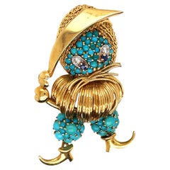 Tiffany, 18K Gold Turquoise Sapphire Diamond Brooch