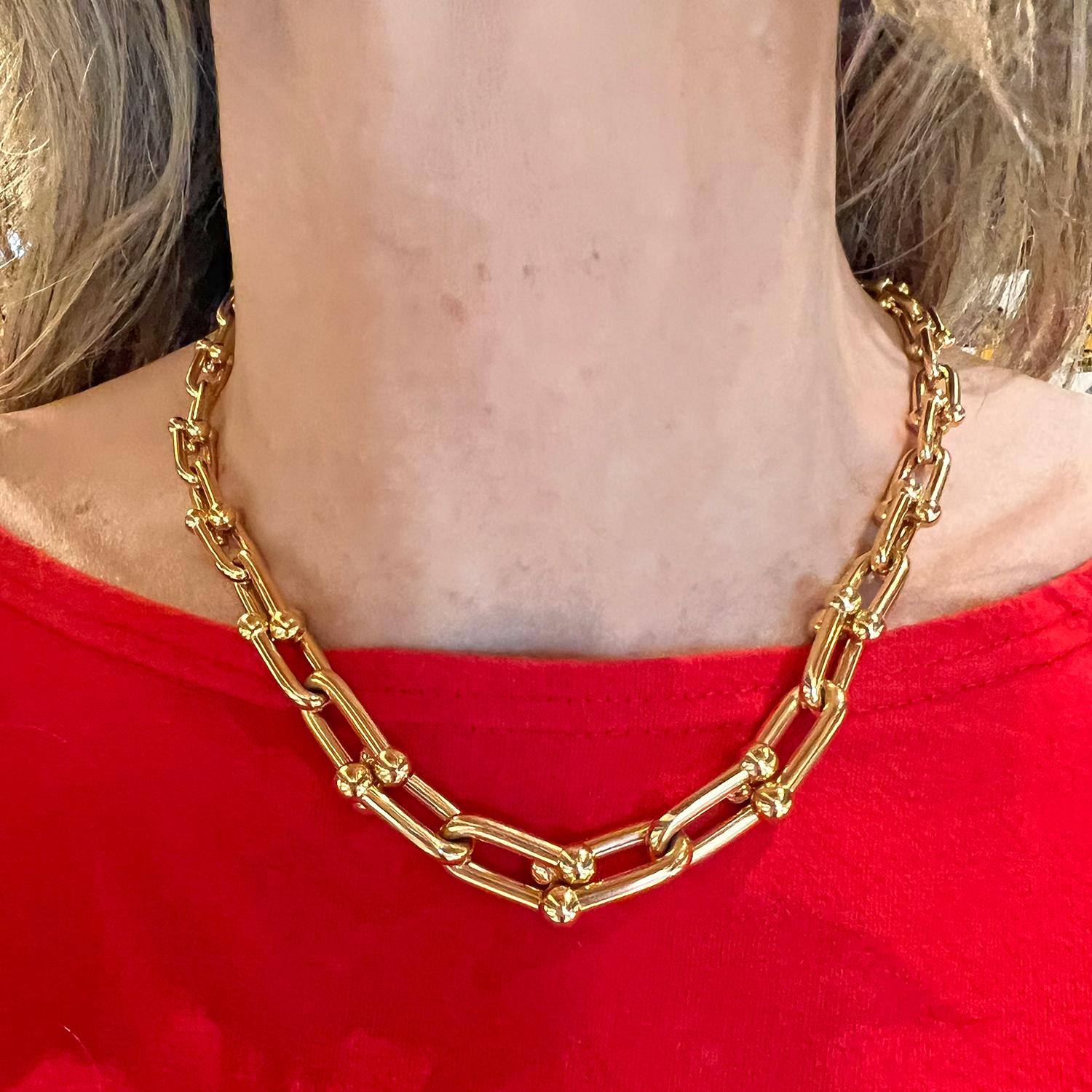 Estate Tiffany & Co. 'Hardware' link necklace, featuring a graduated chain necklace of bold gauge links, meticulously crafted in polished 18k rose gold. The unique link design adds a modern twist to a classic silhouette, creating a necklace that is