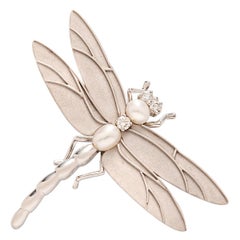 Vintage Tiffany & Co. 18 Karat White Gold, Diamond and Cultured Pearl Dragonfly Brooch