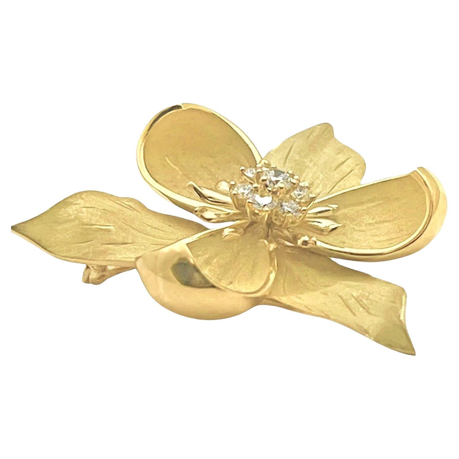 Brilliant Cut Tiffany 18k Yellow Gold Diamond Dogwood Pendant Brooch