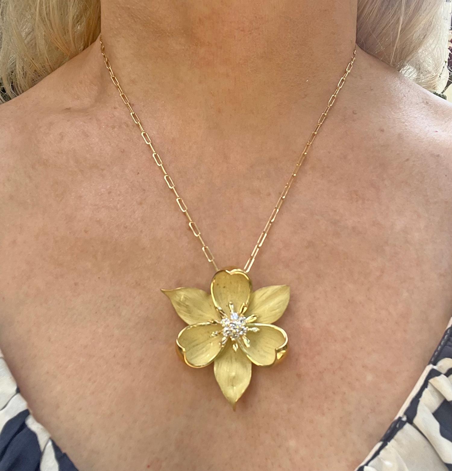 Women's or Men's Tiffany 18k Yellow Gold Diamond Dogwood Pendant Brooch