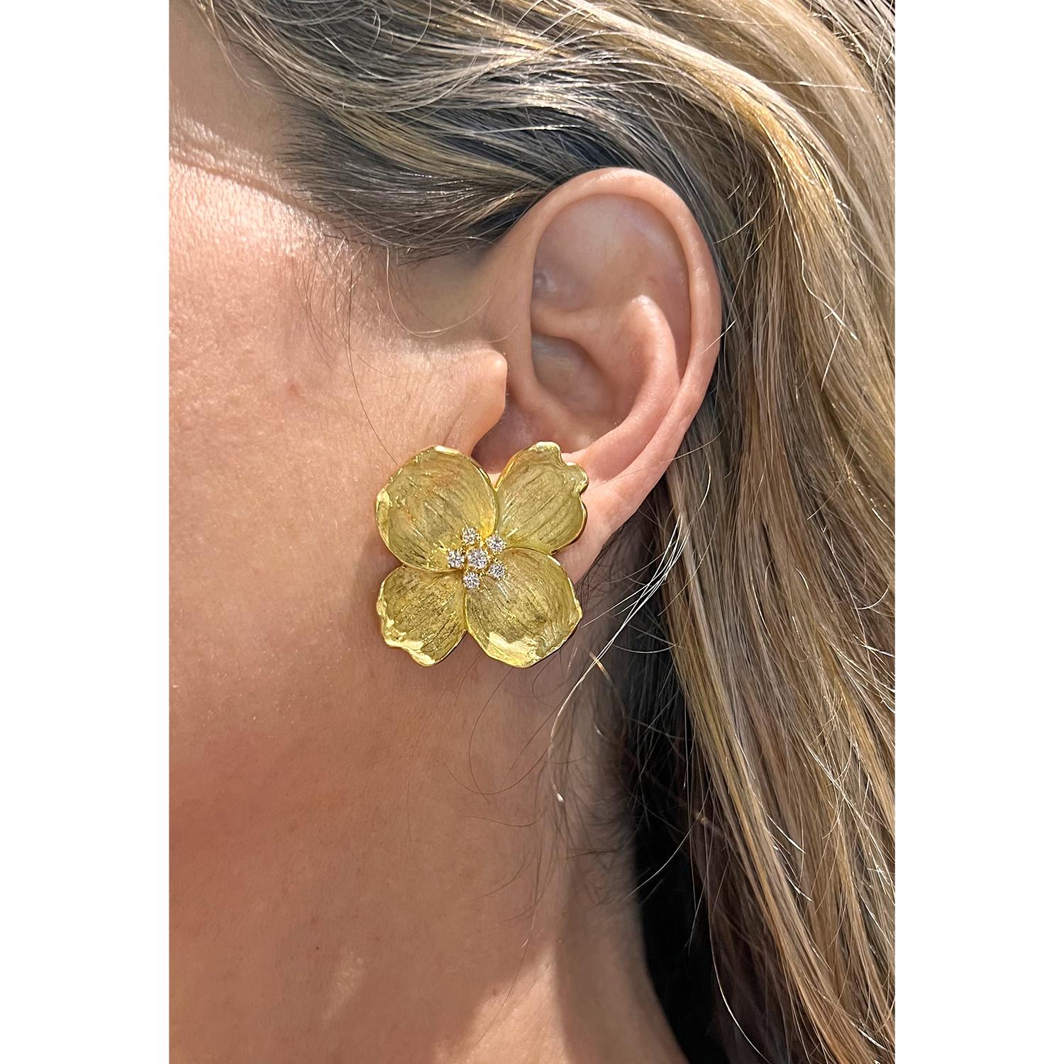 Celebrate the eternal beauty of nature with the exquisite RARE and hard to find 'large' dogwood flower earrings. Part of the American perennial flower collection, these were created by Tiffany & Co. in the 1980s to honor iconic flowers of North
