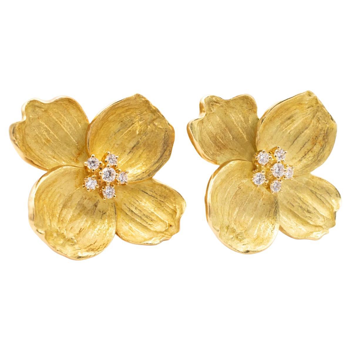 Modern Tiffany & Co. 18k Yellow Gold Diamond Large Dogwood Earrings