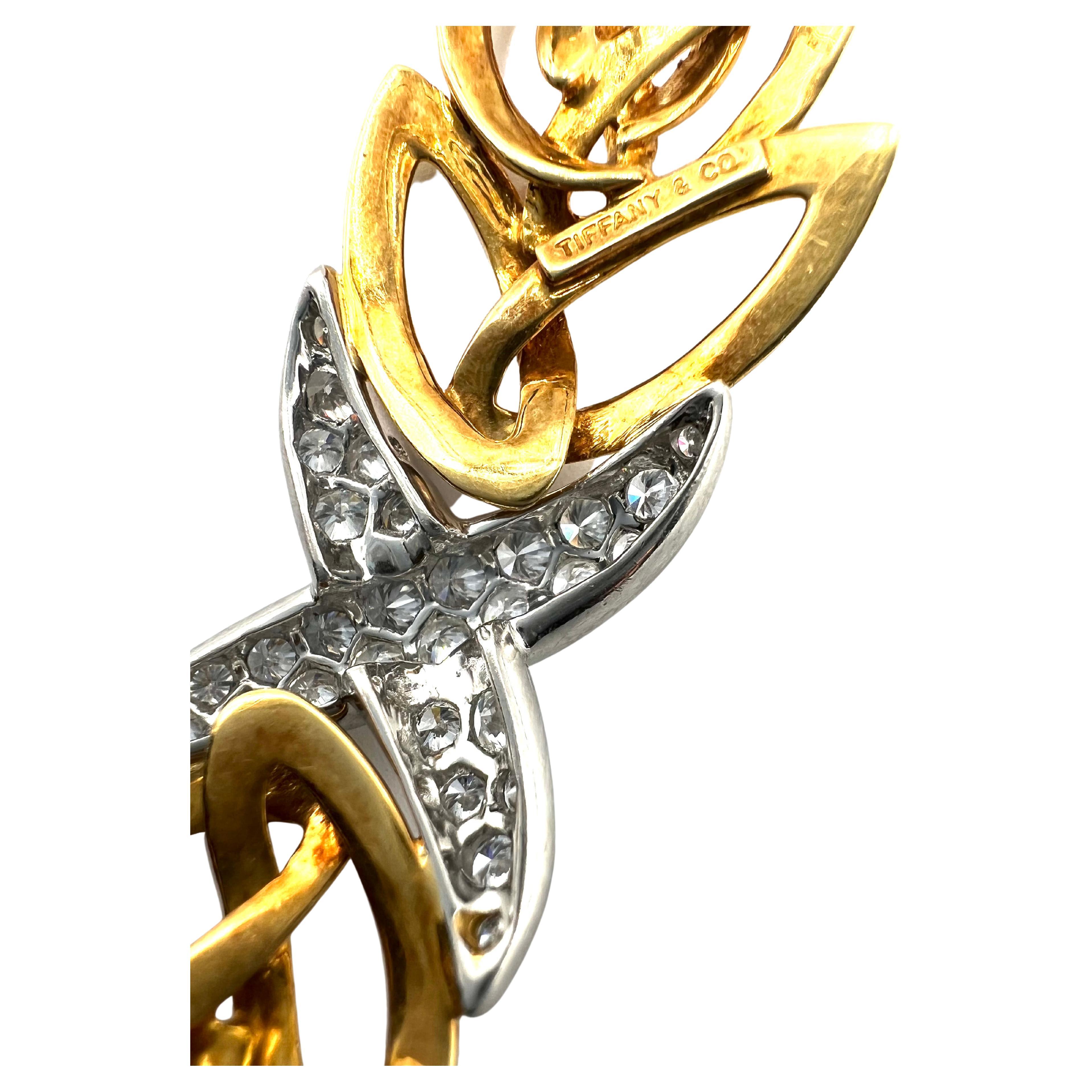 Taille brillant Broche en or jaune 18 carats, platine et diamant Tiffany X en vente