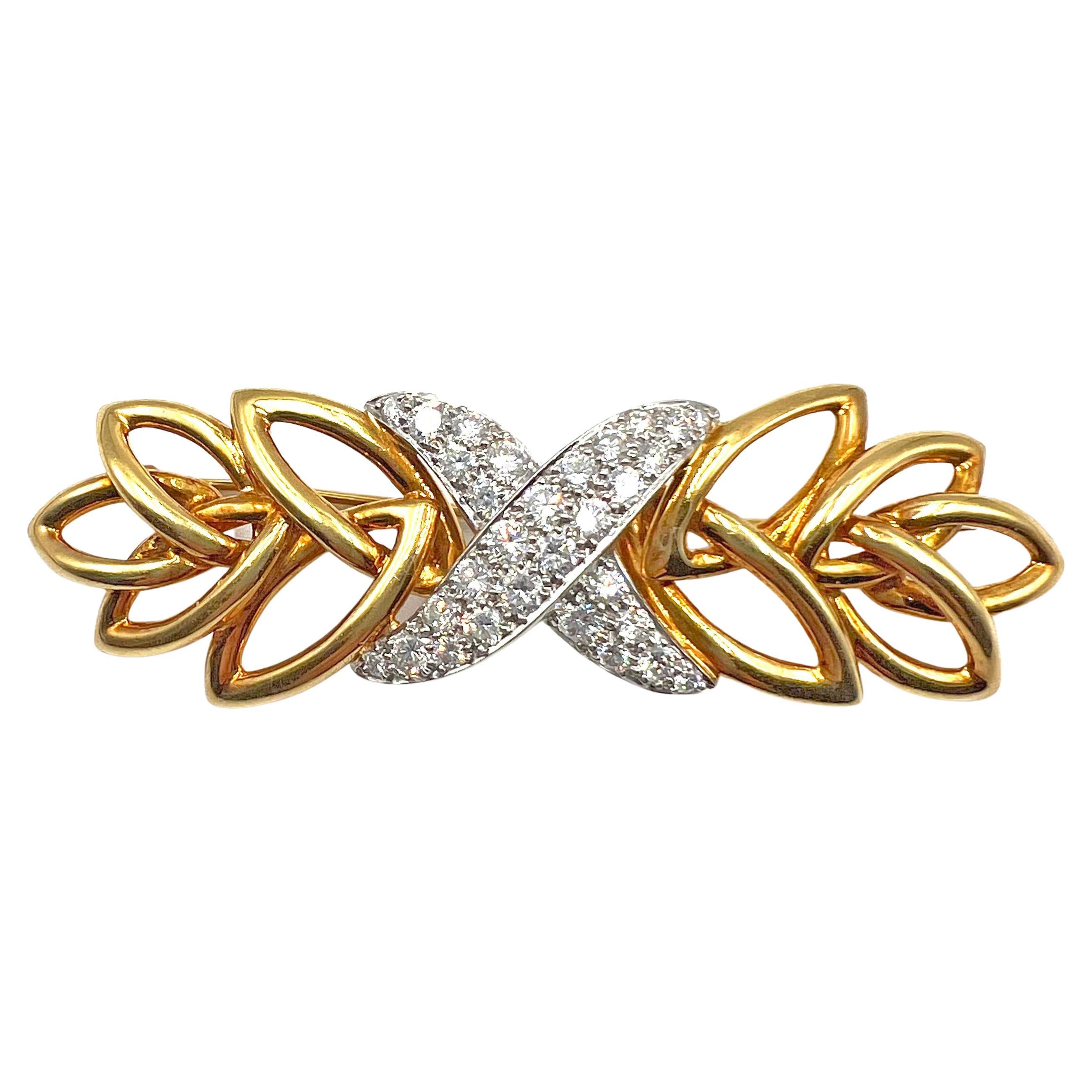 Broche en or jaune 18 carats, platine et diamant Tiffany X en vente