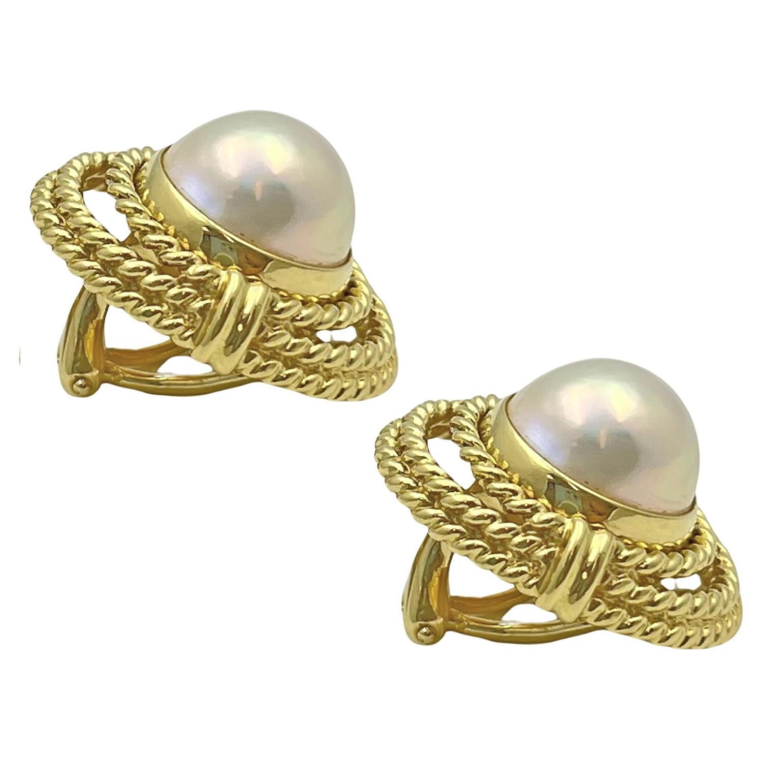 Bead Tiffany 18k Yellow Gold Mabe Pearl Clip Earrings