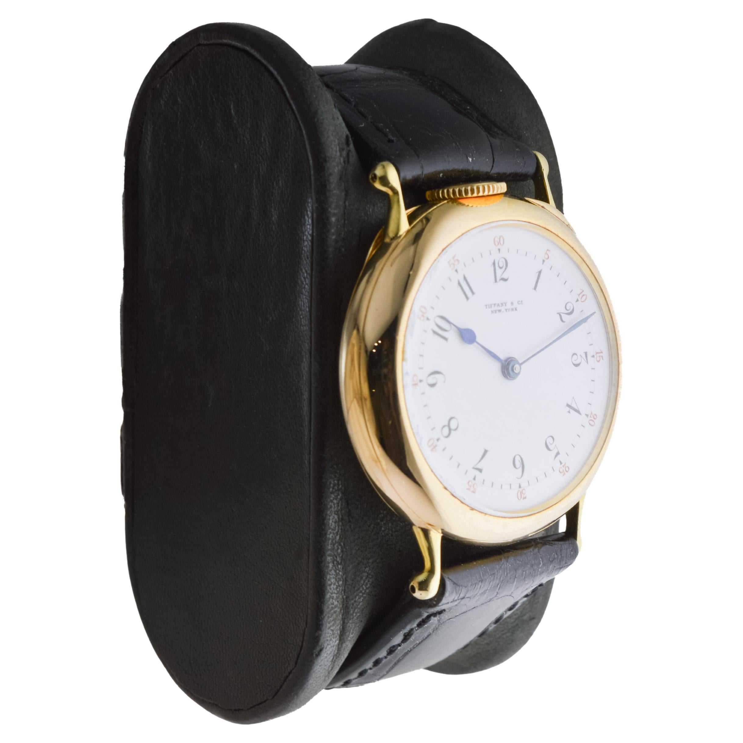 FACTORY / HOUSE: Tiffany & Co. 
STYLE / REFERENCE: Repeating Wrist Watch on Gongs 
METAL / MATERIAL: 18Kt. Solid Yellow Gold 
CIRCA / YEAR: 1910
DIMENSIONS / SIZE: Length 40mm X Diameter 18mm
MOVEMENT / CALIBER:  Manual Winding / 31 Jewels / Caliber