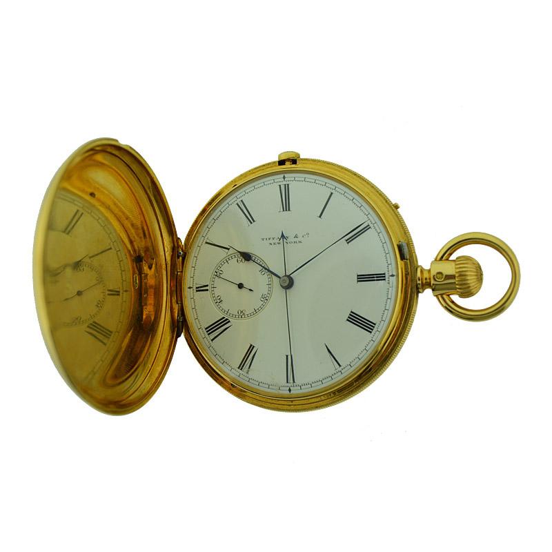 FACTORY / HOUSE: Tiffany & Co.
STYLE / REFERENCE: Hunters Case Pocket Watch
METAL / MATERIAL: 18kt. Yellow Gold
CIRCA: 1865
DIMENSIONS: 49mm Diameter 
MOVEMENT / CALIBER: Manual Winding / 19 Jewels / English Lever 
DIAL / HANDS: Original Kiln Fired