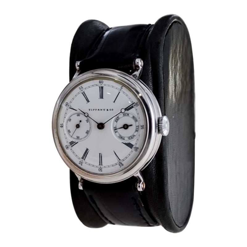 Art Deco Tiffany 18Kt. White Gold Hand Made Watch with Rare Enamel Dial and Day Counter For Sale
