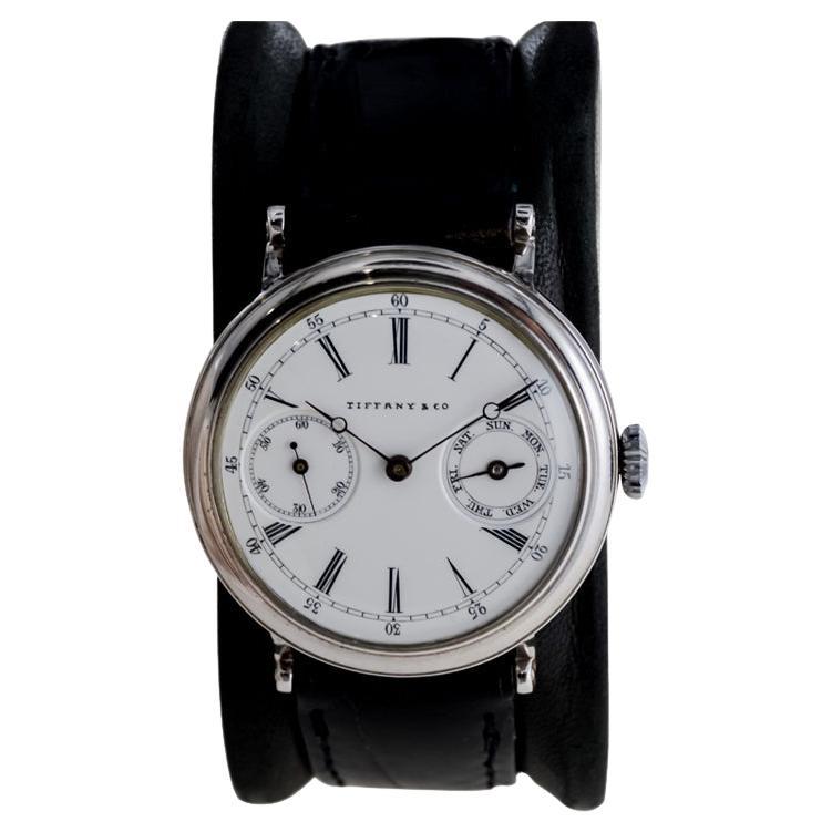 Tiffany 18Kt. White Gold Hand Made Watch with Rare Enamel Dial and Day Counter For Sale