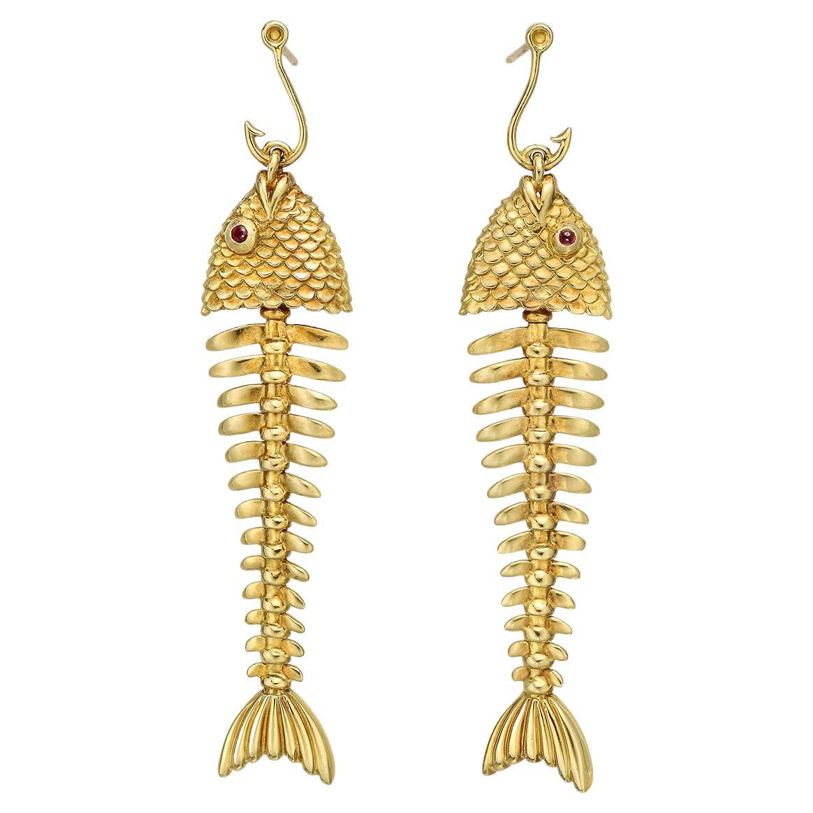 Tiffany & Co. 1970s 18kt Yellow Gold Fish and Hook Drop Earrings