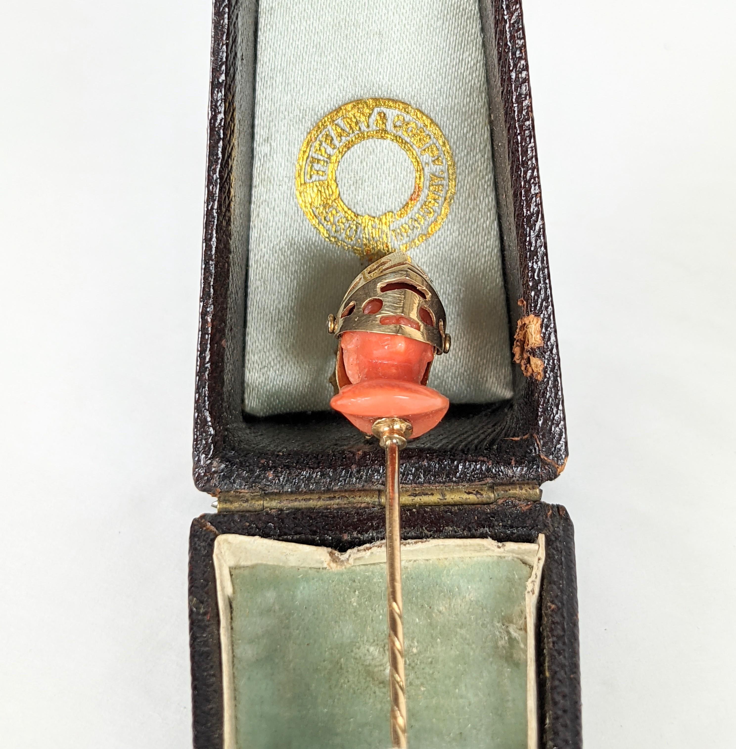 Tiffany & Co. 19th Century Carved Coral Warrior Stickpin, Original Box For Sale 8