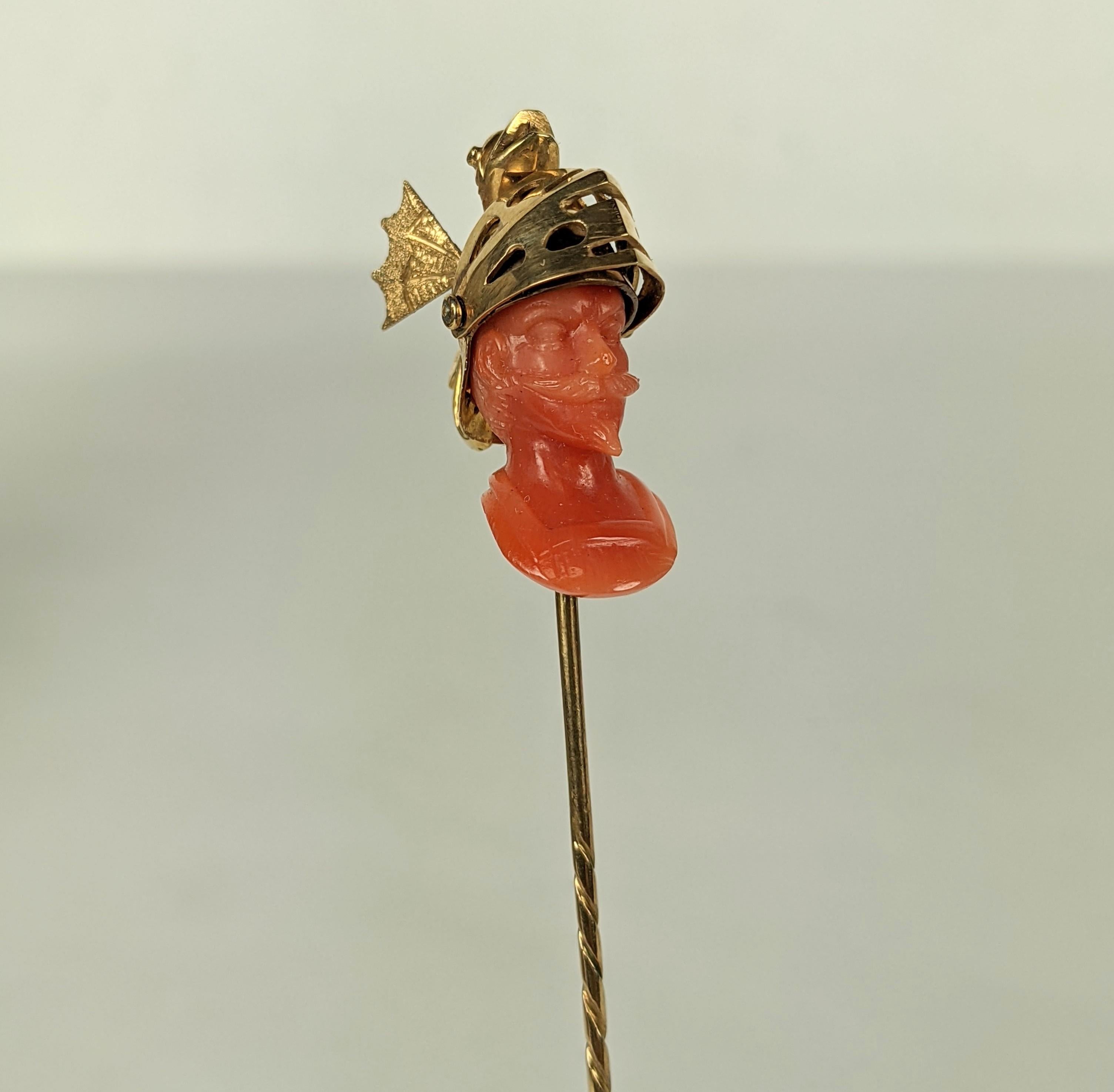 Uncut Tiffany & Co. 19th Century Carved Coral Warrior Stickpin, Original Box For Sale