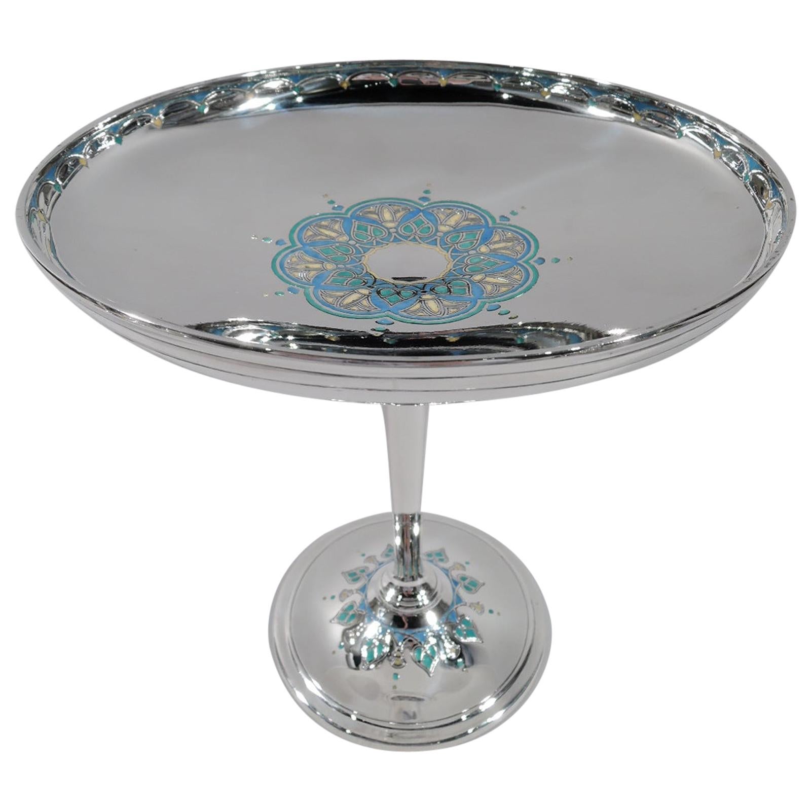 Tiffany American Art Deco Sterling Silver and Enamel Compote