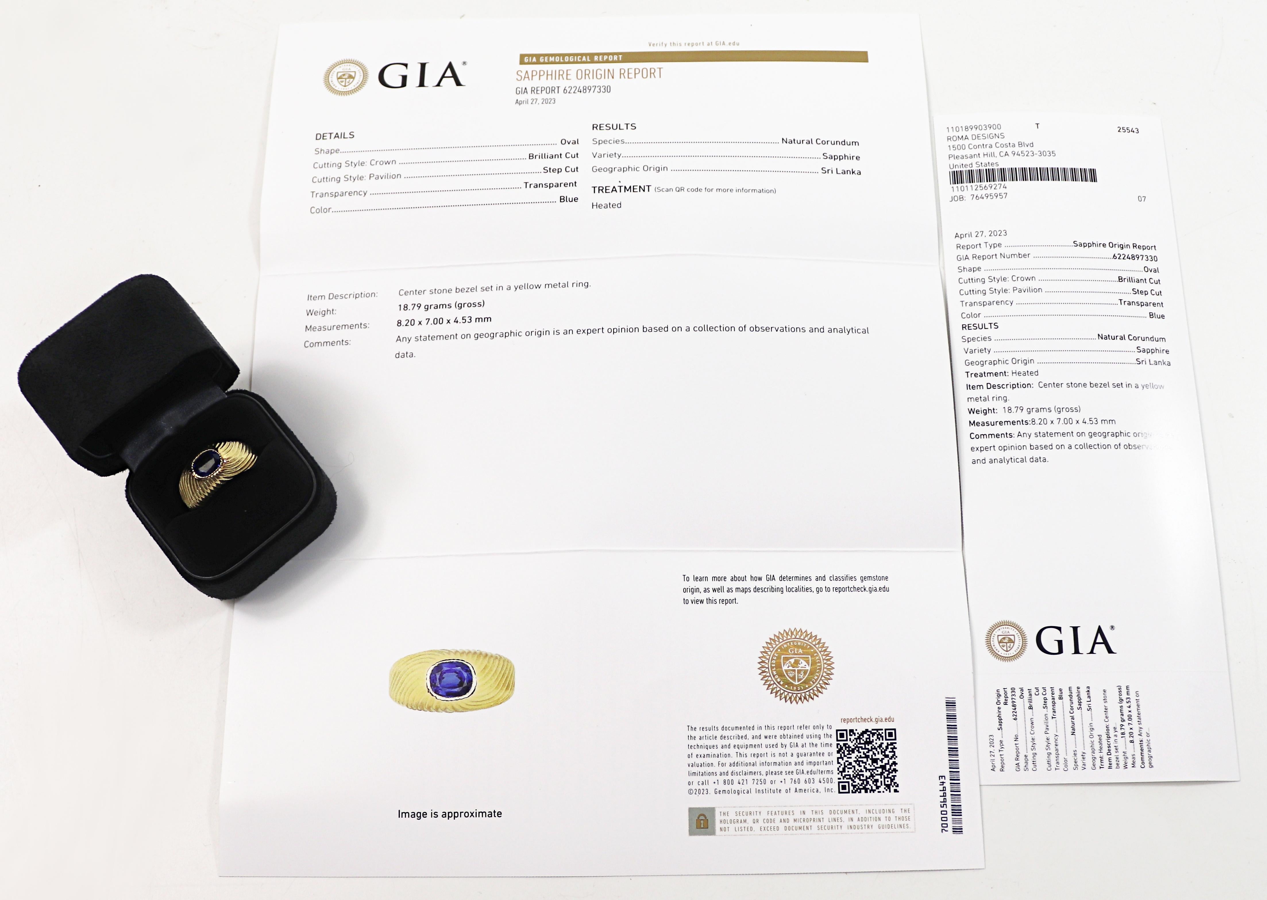 Featuring (1) beautiful blue oval-cut sapphire, 2.00 cts., accompanied by a GIA Report #6224897330,
dated April 27, 2023, stating Sri Lanka origin, heated, set in an 18k yellow gold textured twisted ribbed mounting, 12.2 mm, size 9.5, Gross weight