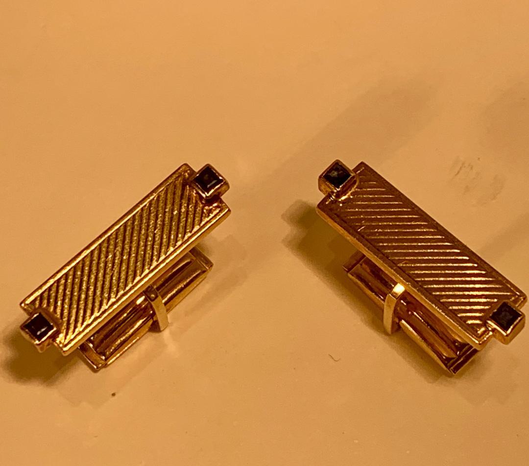 Square Cut Tiffany & Co. 14 Karat Yellow Gold Art Deco Style Cufflinks with Blue Sapphires For Sale