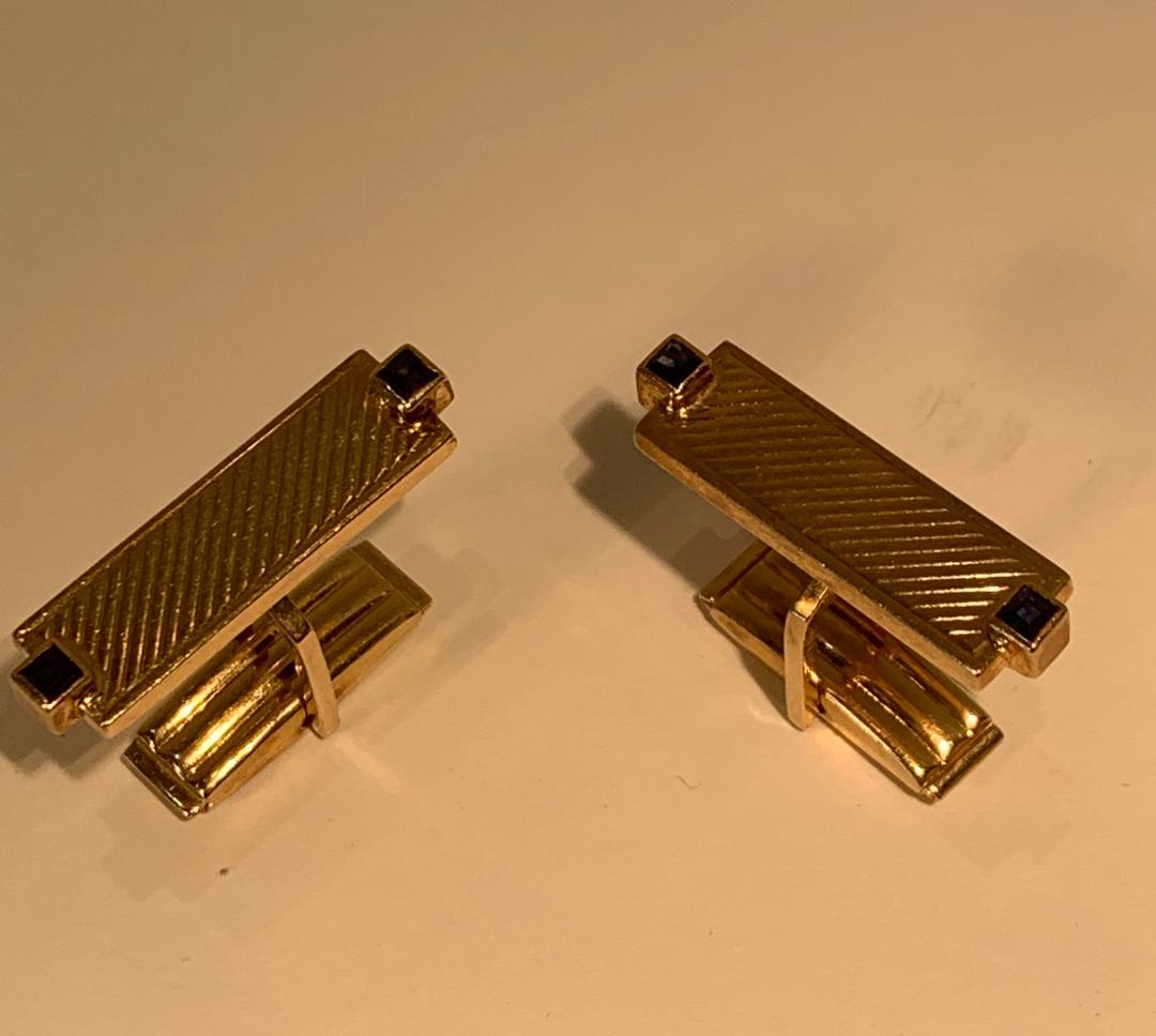 Women's or Men's Tiffany & Co. 14 Karat Yellow Gold Art Deco Style Cufflinks with Blue Sapphires For Sale