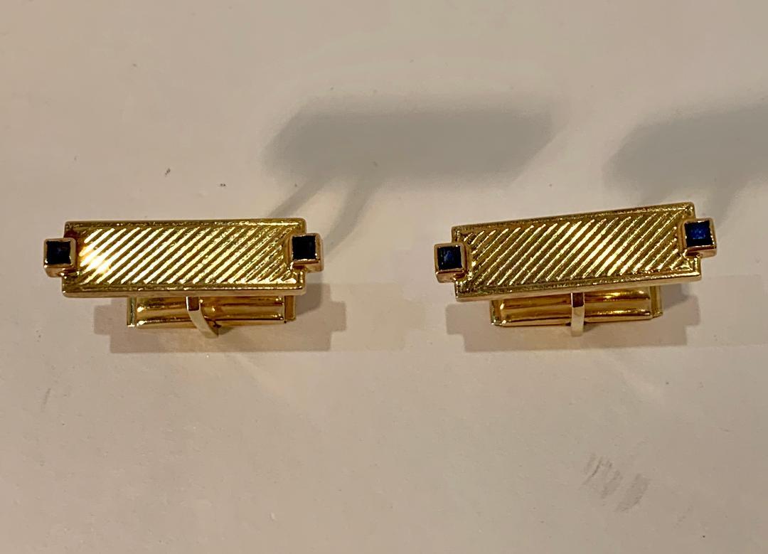 Tiffany & Co. 14 Karat Yellow Gold Art Deco Style Cufflinks with Blue Sapphires For Sale 1