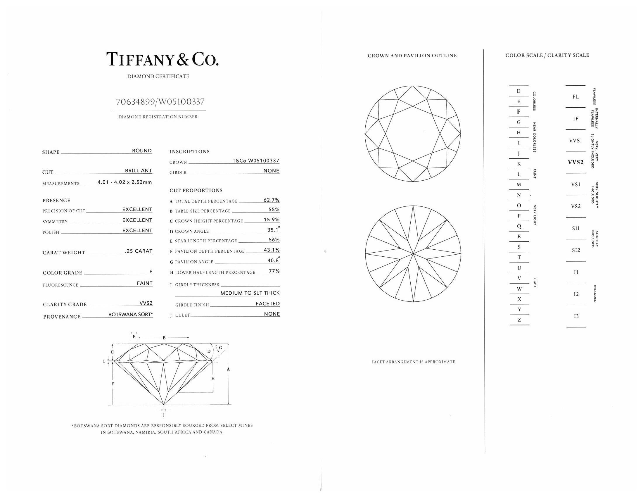 Round Cut Tiffany & Co. 18K Gold Platinum Round Diamond Engagement Ring .25Ct FVVS2