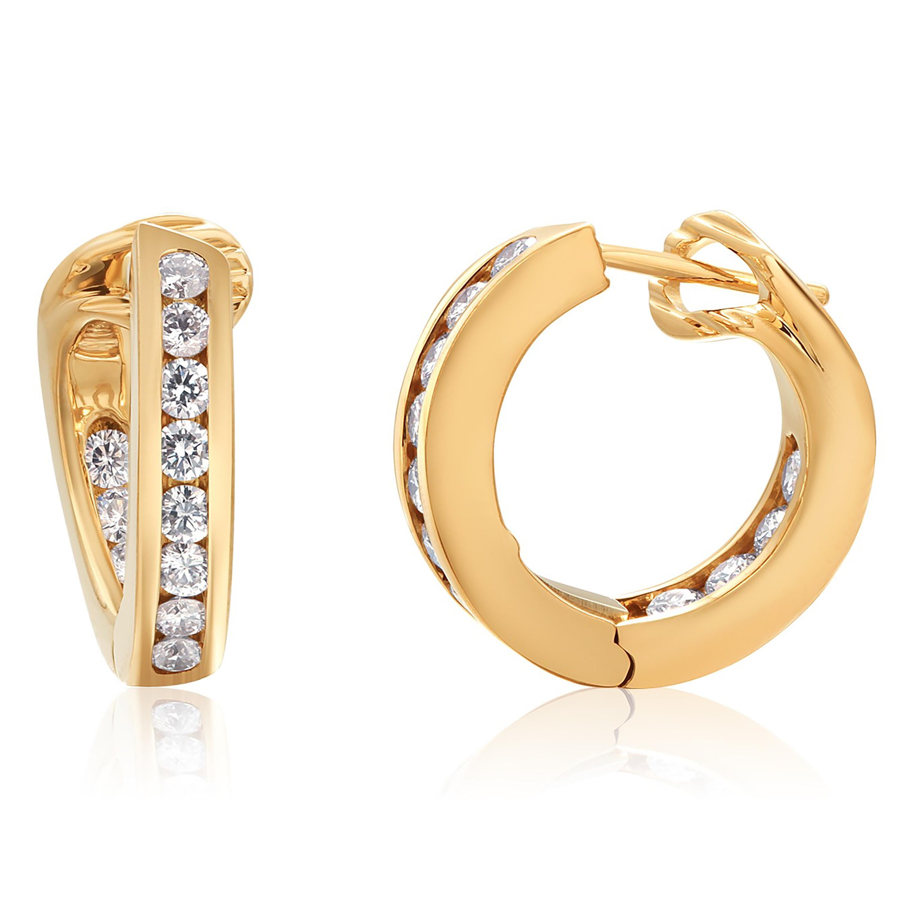 Women's or Men's Tiffany and Co. 18K Yellow Gold Diamond Inside Out 0.66 Inch Hoop Earrings