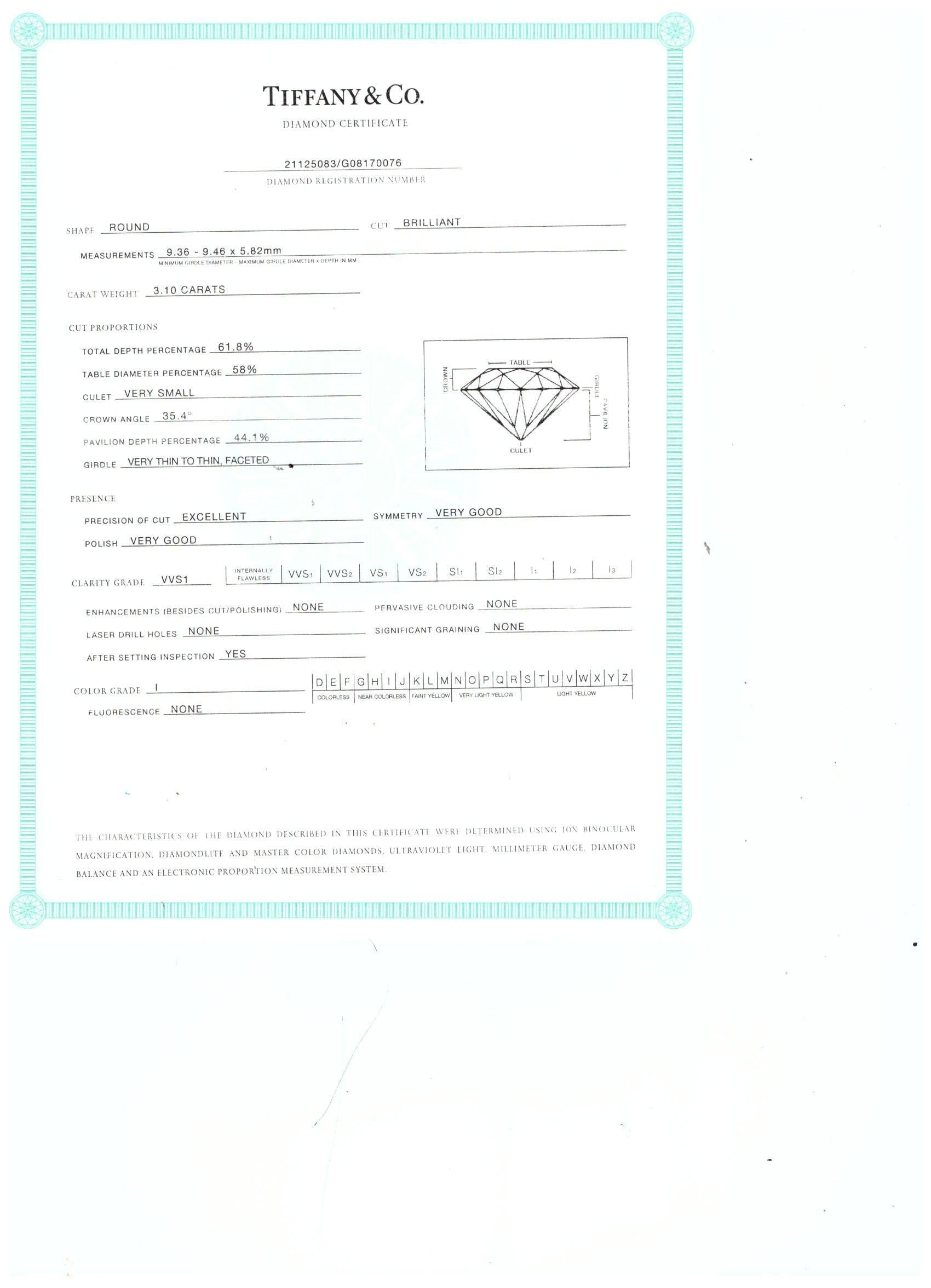Tiffany and Co 3.10 Carat Round Brilliant Diamond Platinum Engagement Ring For Sale 3