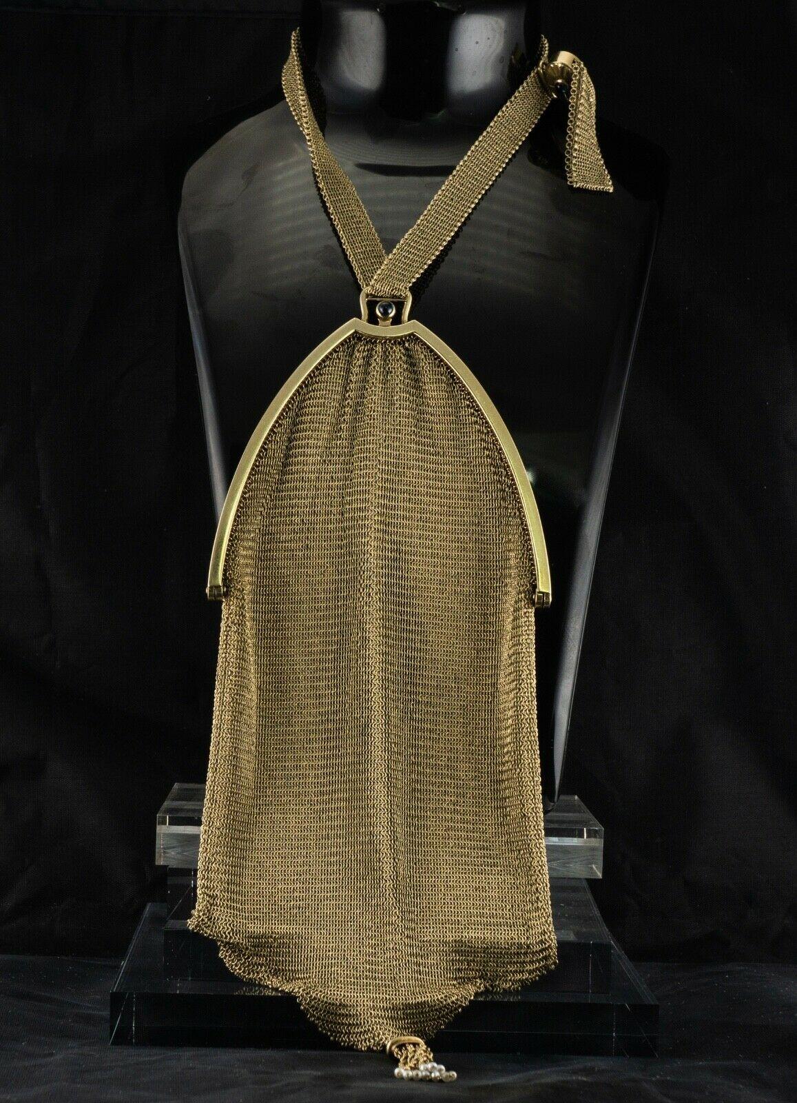 Cabochon Tiffany and Co Art Deco Purse Gold Mesh Sapphire 14K Gold For Sale