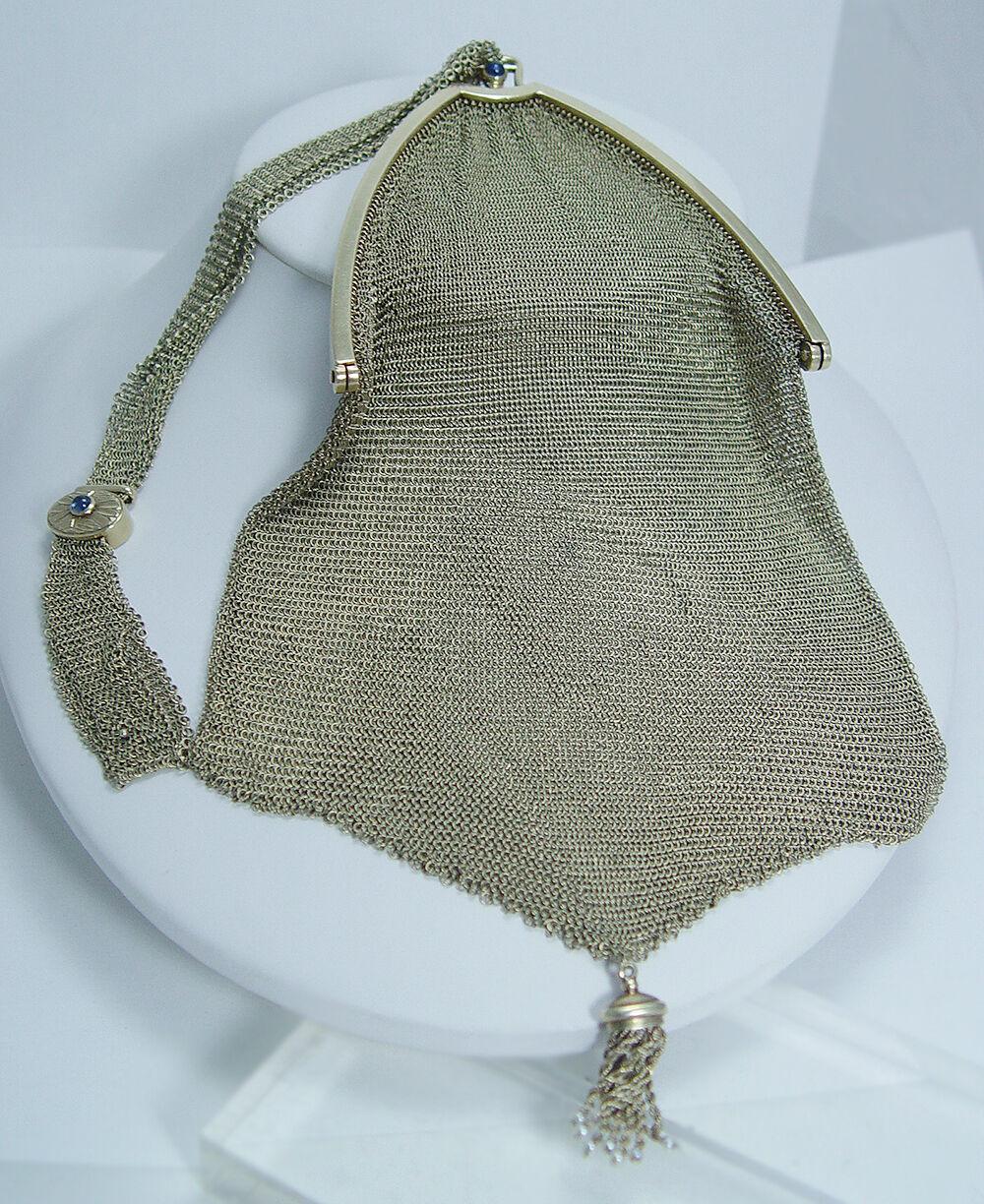 Women's Tiffany and Co Art Deco Purse Gold Mesh Sapphire 14K Gold For Sale