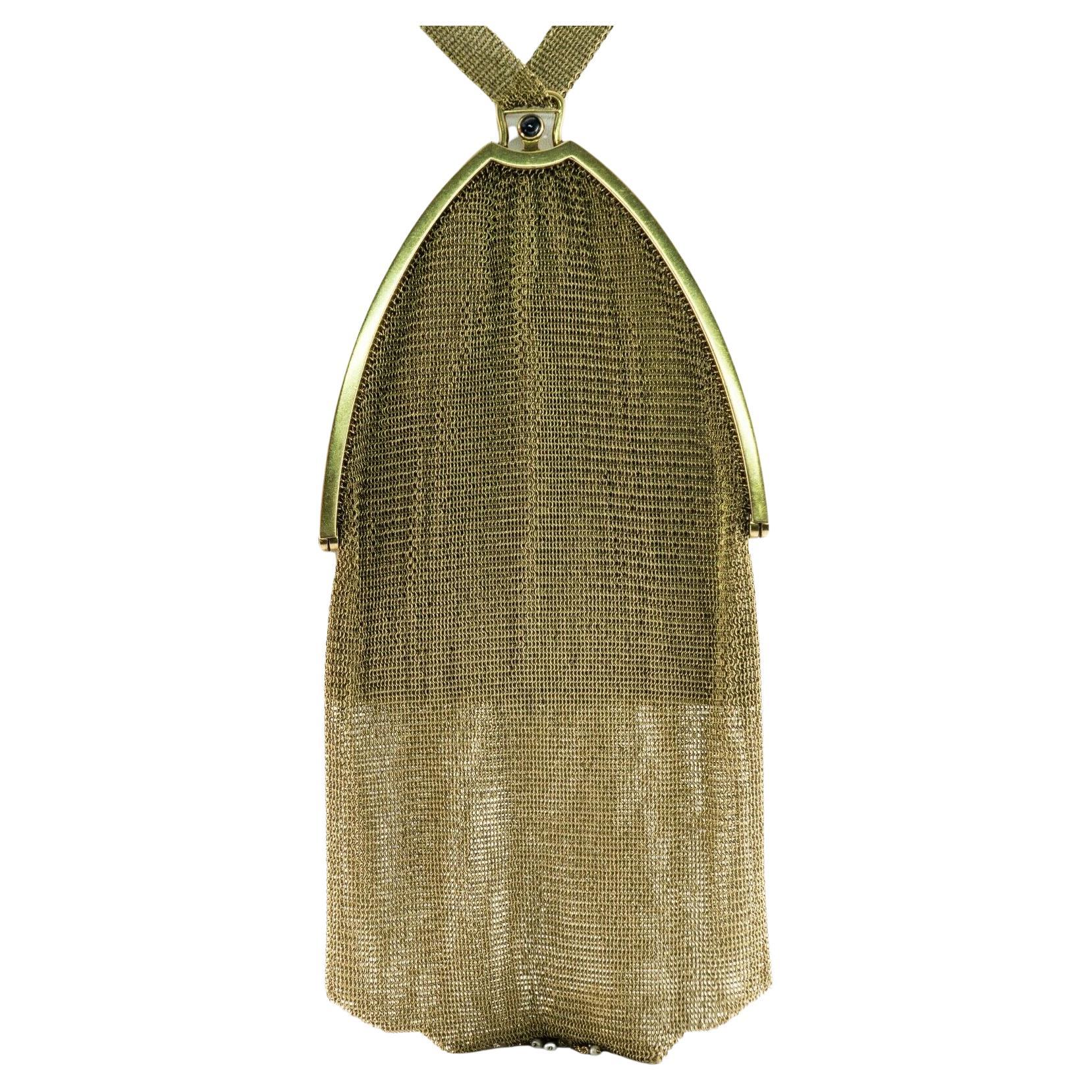 Tiffany and Co Art Deco Purse Gold Mesh Sapphire 14K Gold For Sale