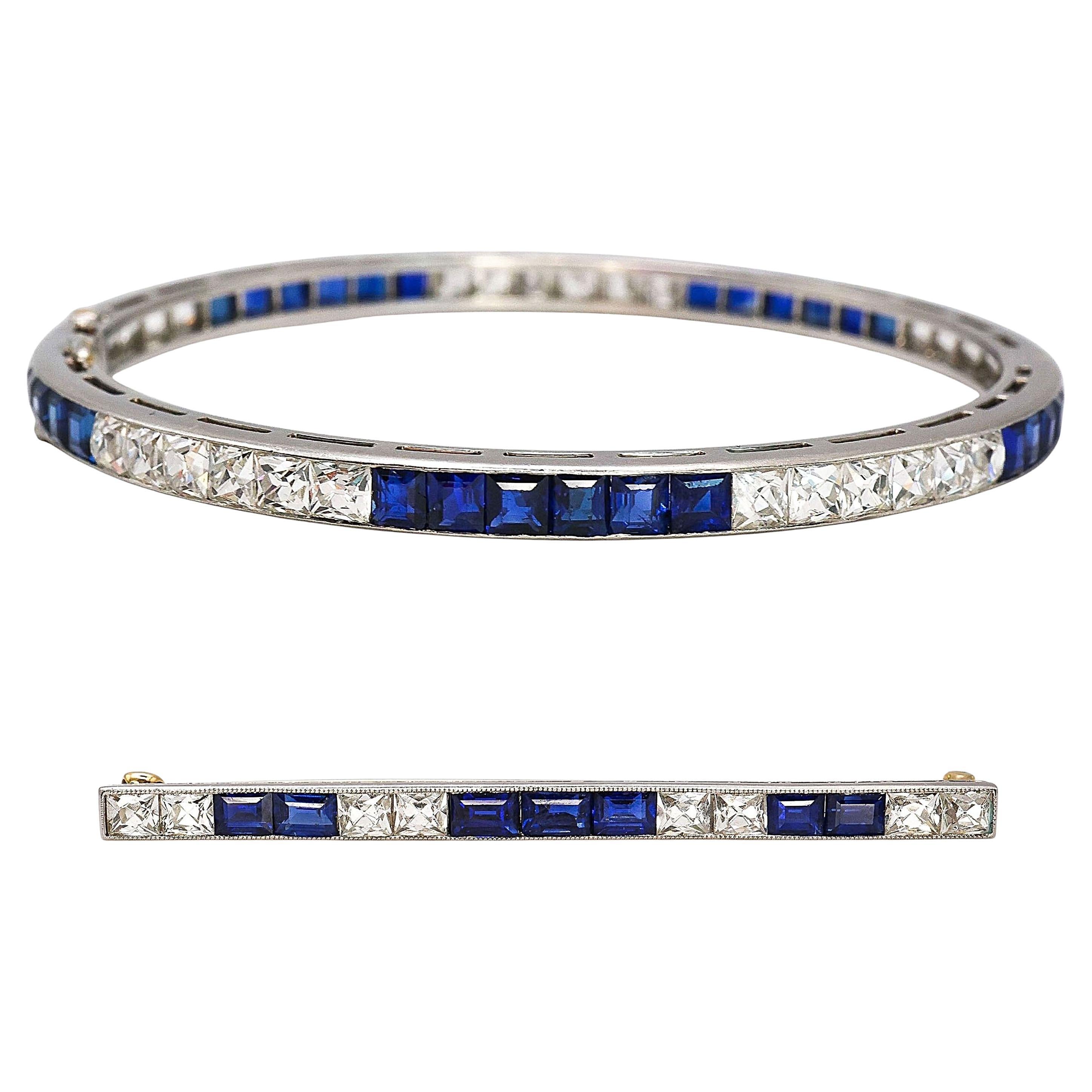 Tiffany and Co. Art Deco Sapphire, Diamond and Platinum Line Bracelet and Brooch