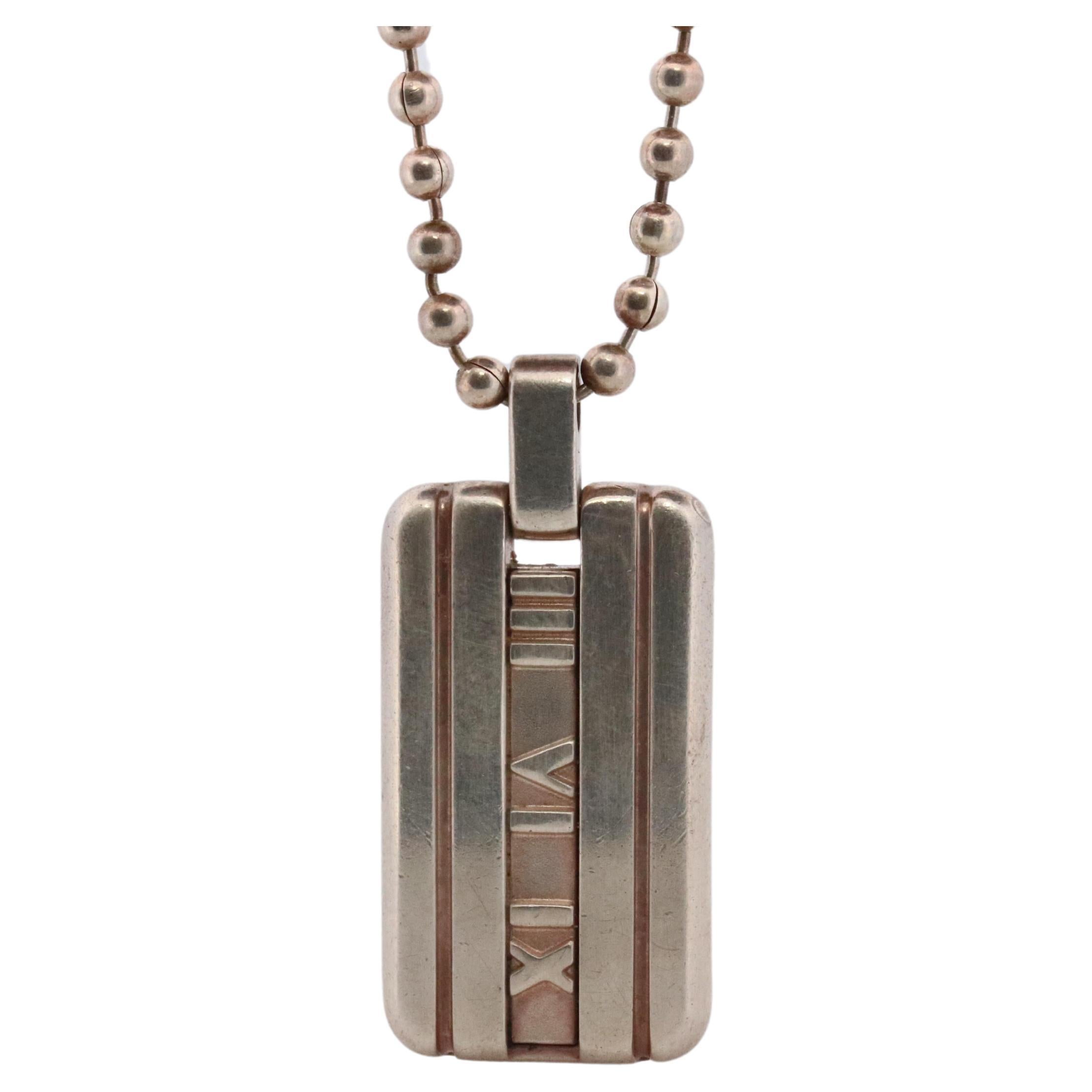 Tiffany and Co Atlas Pendant. Large Atlas Dogtag Roman Sterling Silver Necklace For Sale