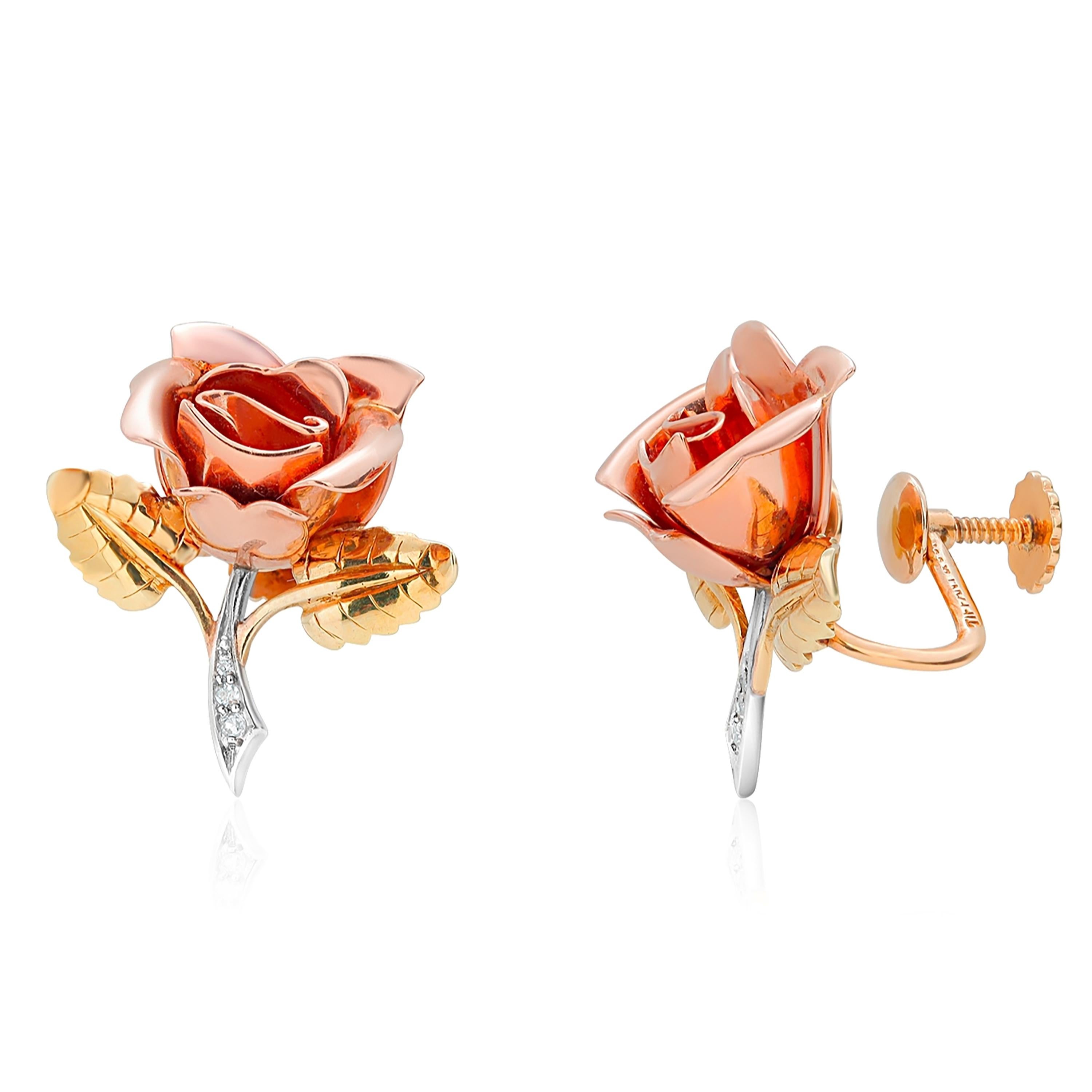 Retro Tiffany and Co Circa 1940s Yellow White and Rose Gold Floral Diamond Earrings