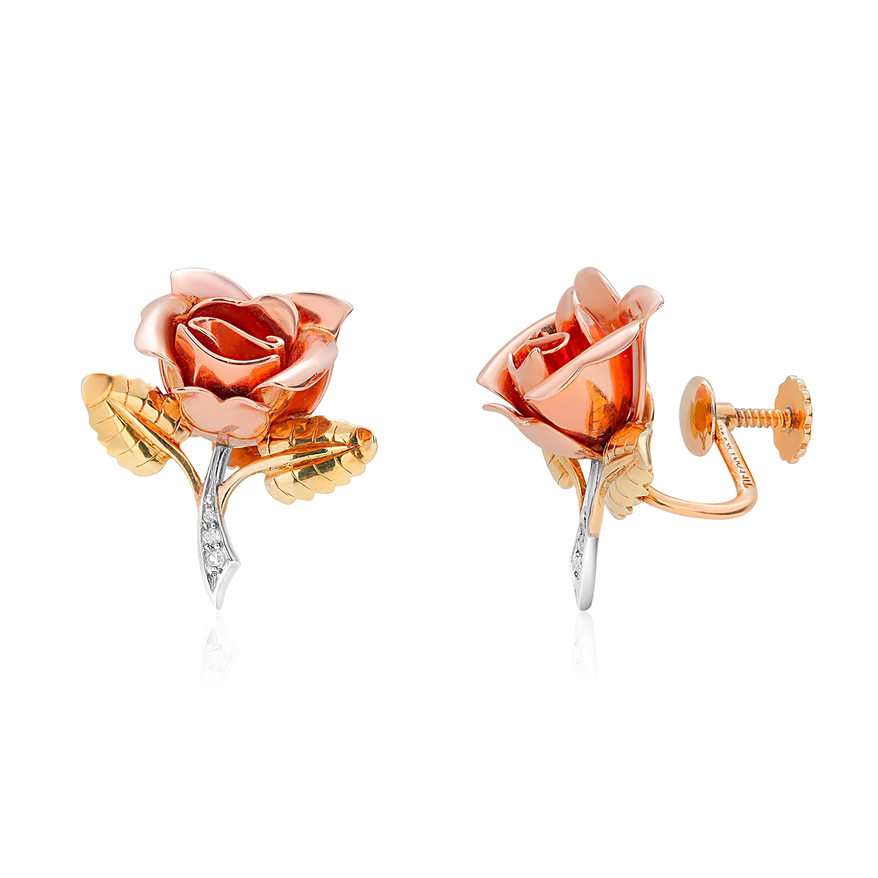 Round Cut Tiffany and Co Circa 1940s Yellow White and Rose Gold Floral Diamond Earrings
